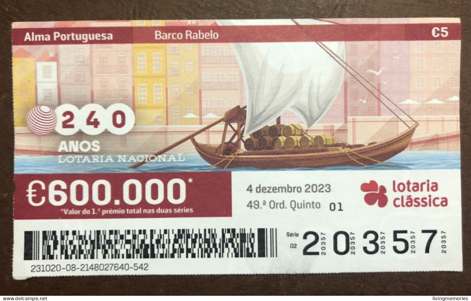 116 G, 1 X Lottery Ticket, Portugal, « Alma Portuguesa »,« Portuguese Soul » « Barco Rabelo », « Boats », « Porto »,2023 - Billetes De Lotería