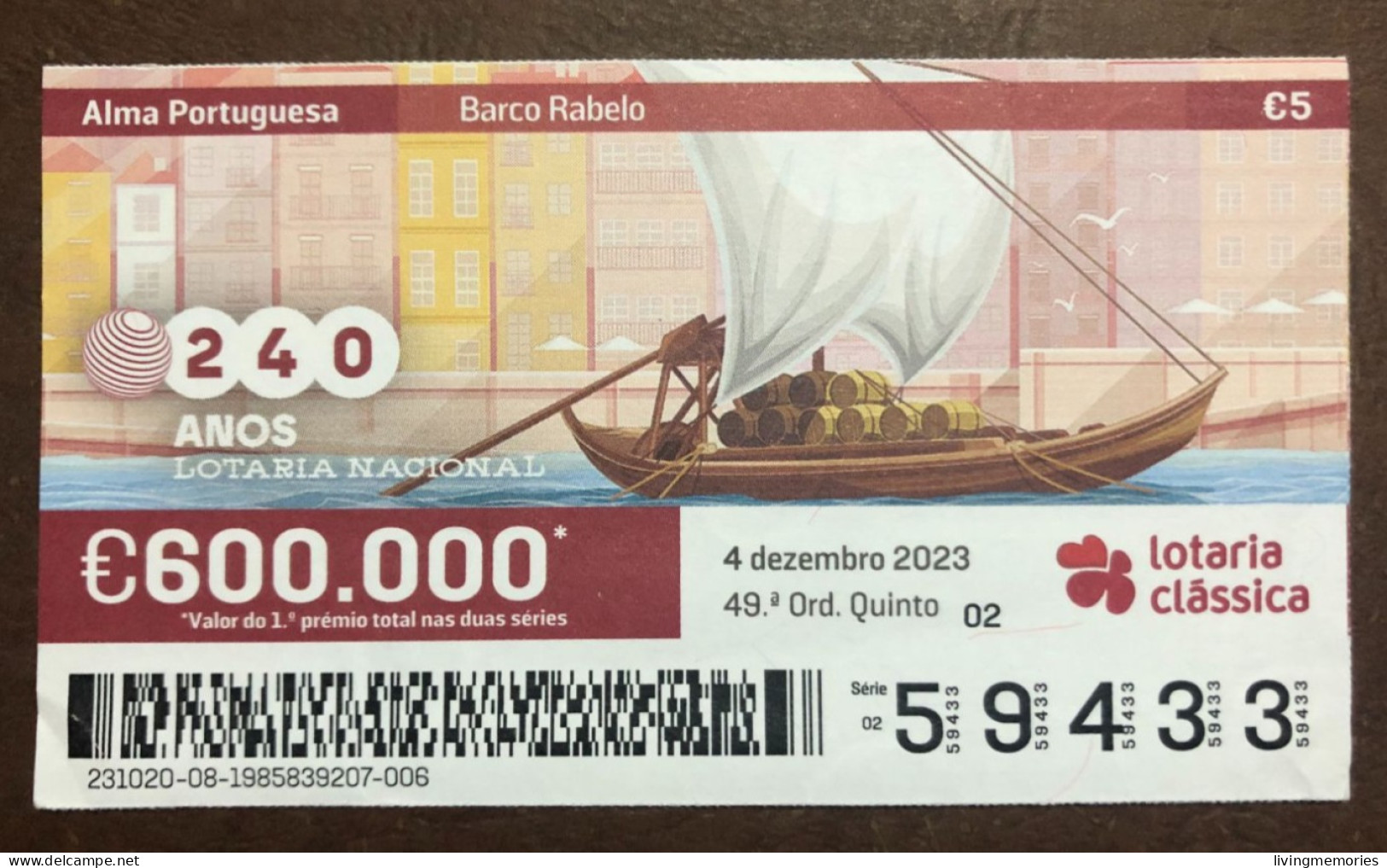 116 G, 1 X Lottery Ticket, Portugal, « Alma Portuguesa »,« Portuguese Soul » « Barco Rabelo », « Boats », « Porto »,2023 - Billetes De Lotería