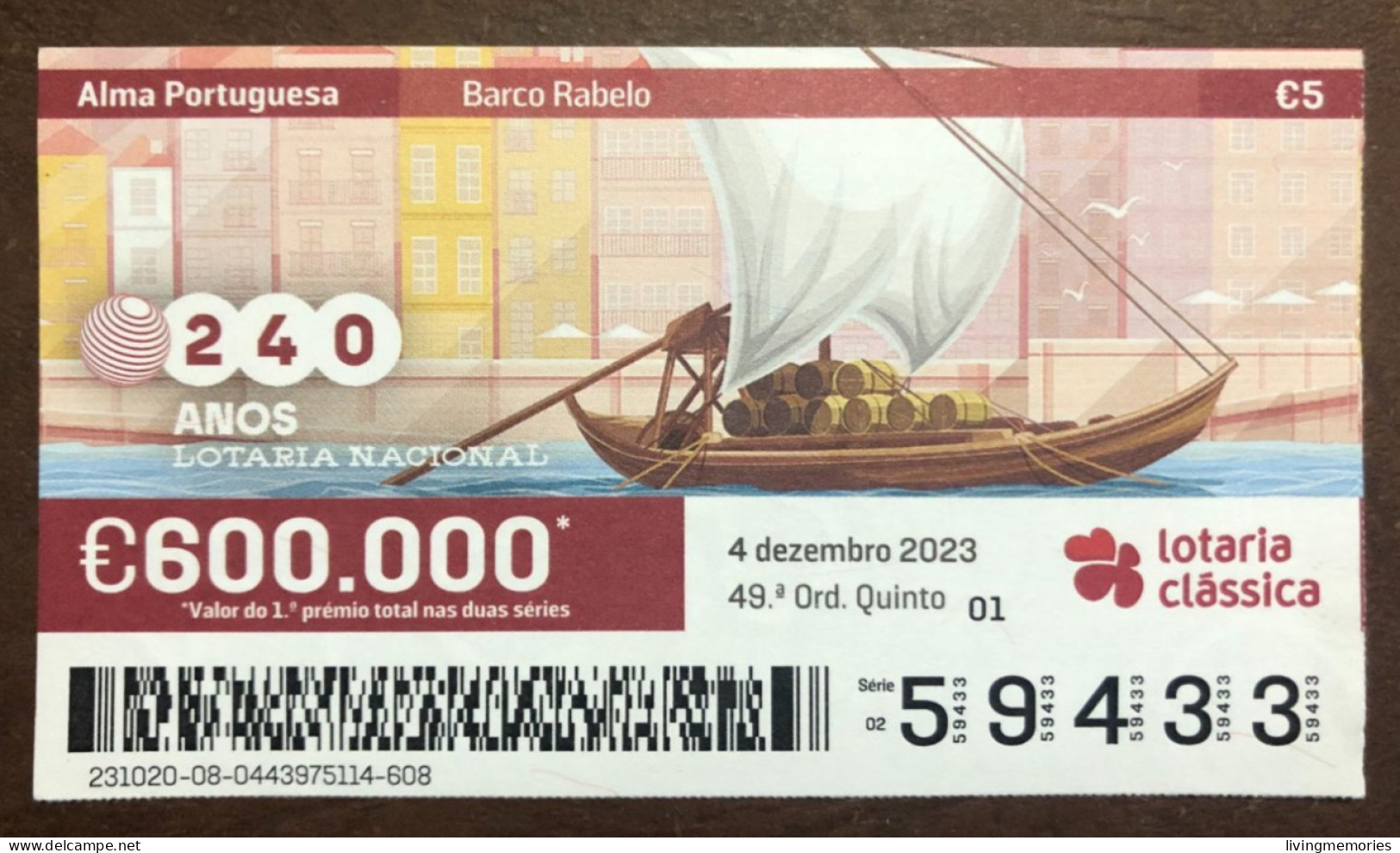 116 G, 1 X Lottery Ticket, Portugal, « Alma Portuguesa »,« Portuguese Soul » « Barco Rabelo », « Boats », « Porto »,2023 - Billetes De Lotería