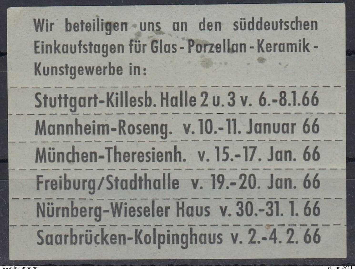 Germany 1966 ⁕ Wir Beteiligen Uns An Der Süddeutschen Einkaufstagen Für Glas-Porzellan-Keramik-Kunstgewerbe  MNH Werbung - Erinnophilie