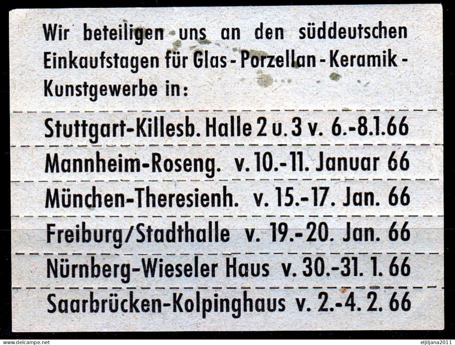 Germany 1966 ⁕ Wir Beteiligen Uns An Der Süddeutschen Einkaufstagen Für Glas-Porzellan-Keramik-Kunstgewerbe  MNH Werbung - Erinnophilie