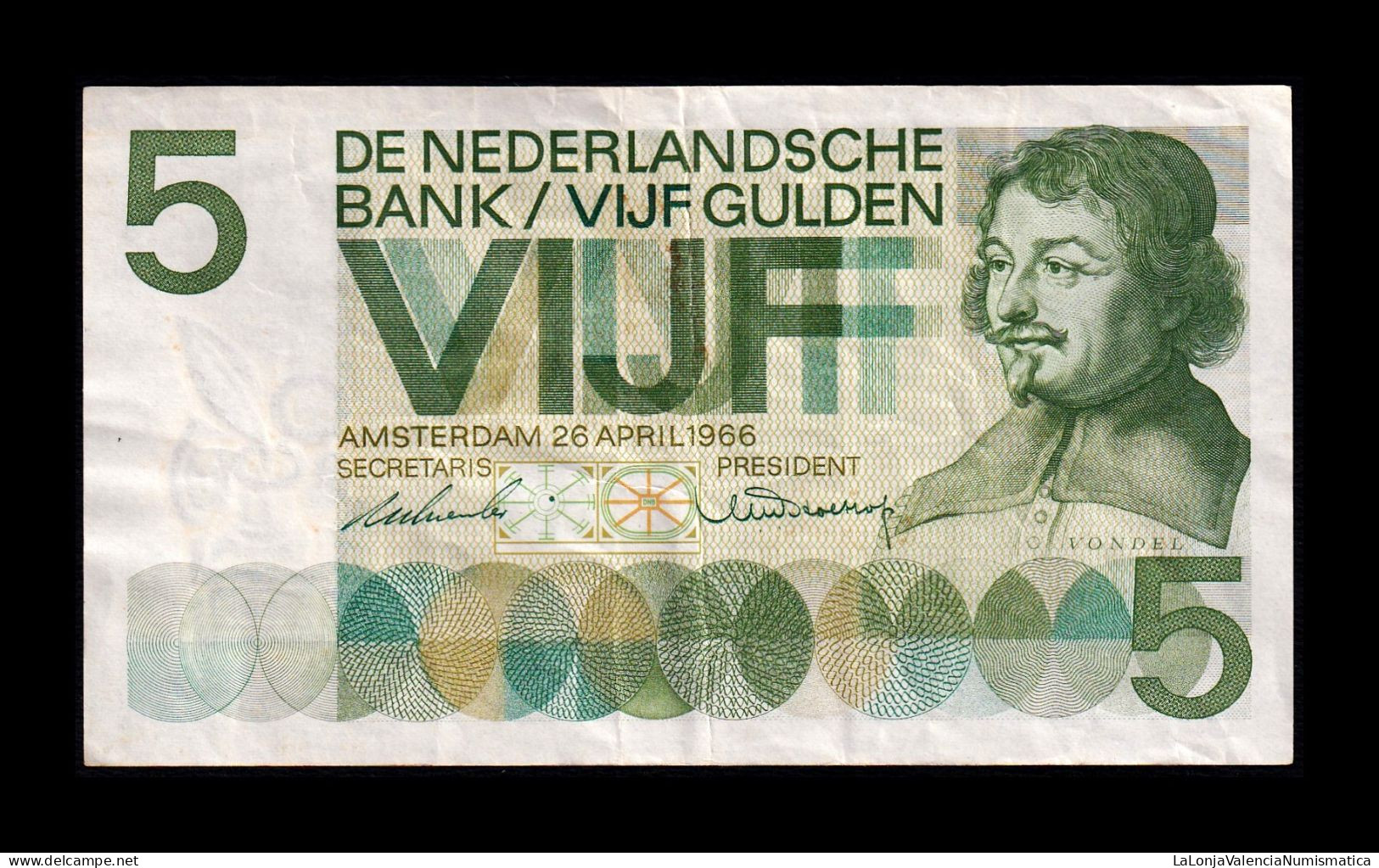 Holanda Netherlands 5 Gulden Joost Van Den Vondel 1966 Pick 90b Mbc Vf - Sonstige & Ohne Zuordnung