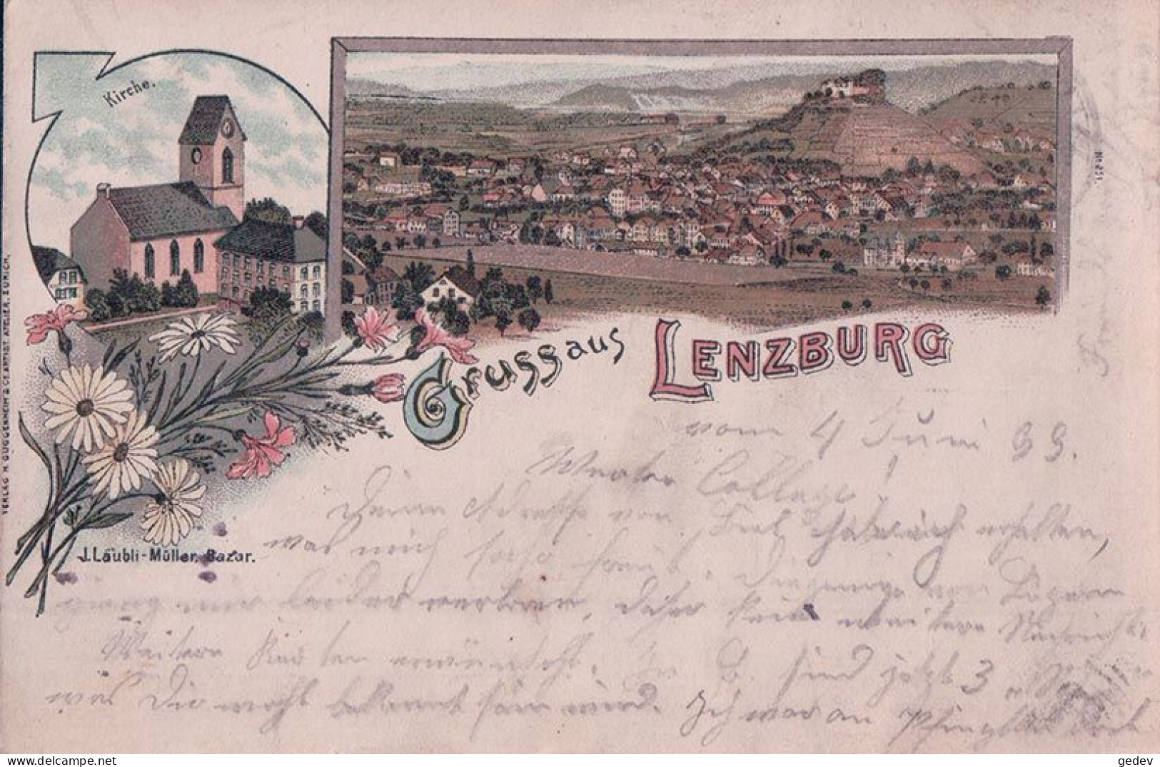 Gruss Aus Lenzburg AG, Litho 2 Vues Et Bouquet De Fleurs (5.6.1899) - Lenzburg