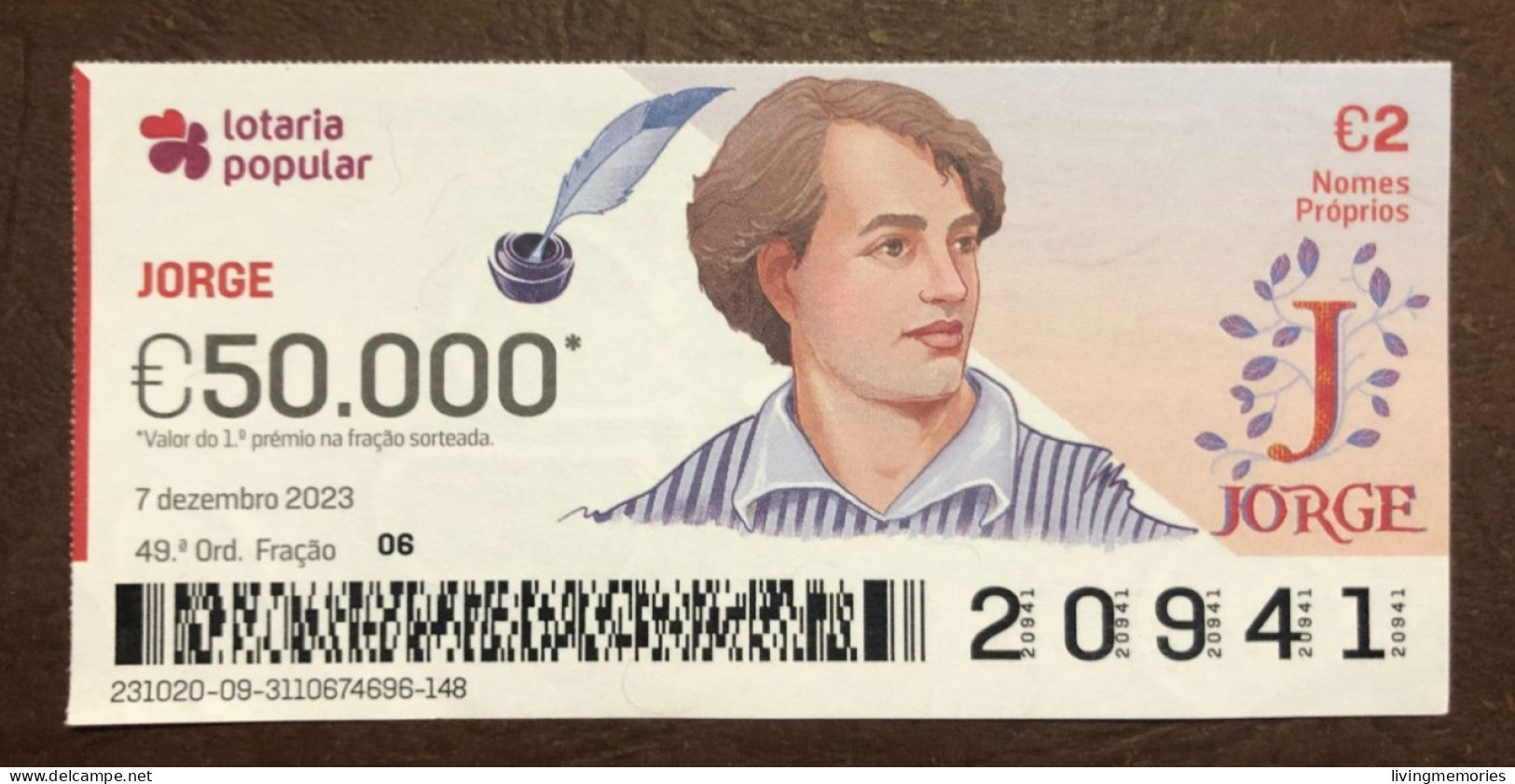 116 G, 1 X Lottery Ticket, Portugal, « NOMES Próprios: JORGE», « First NAMES: JORGE », « NOM: JORGE»,  2023 - Billetes De Lotería