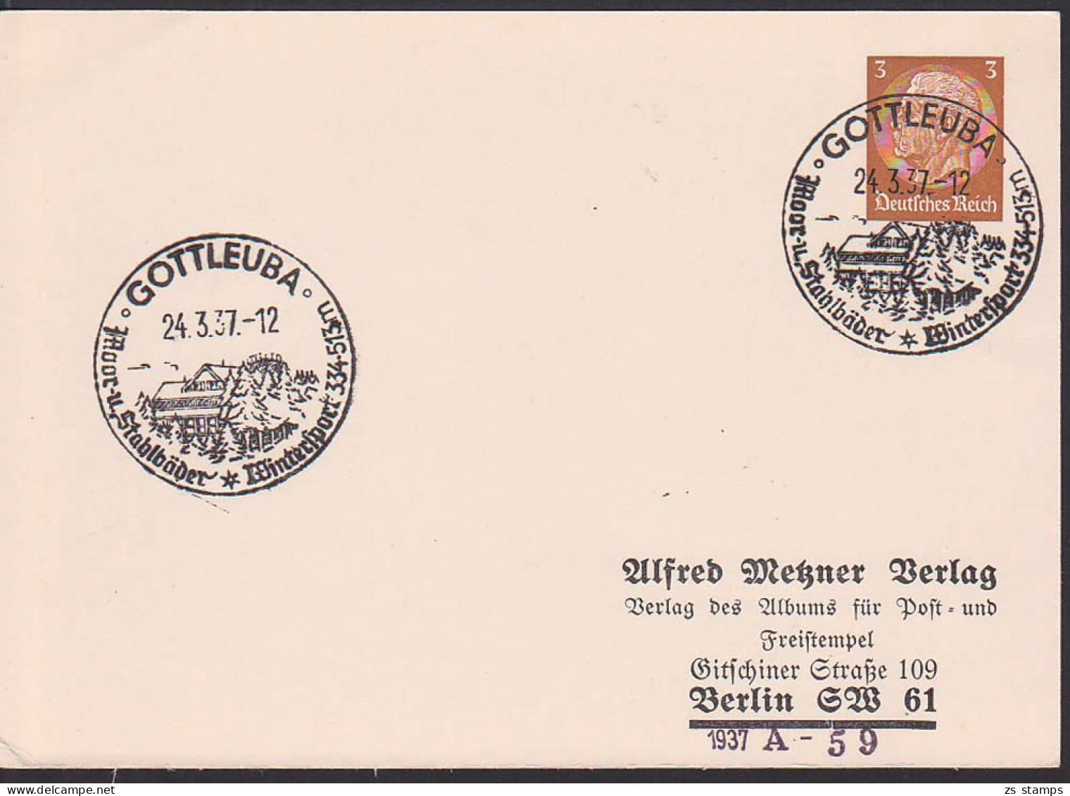 Gottleuba SSt. 24.3.37 Auf 3 Pfg. Hindenburg GA Mit Eingedruckter Adresse Abb. Augustusberg PP - Private Postal Stationery