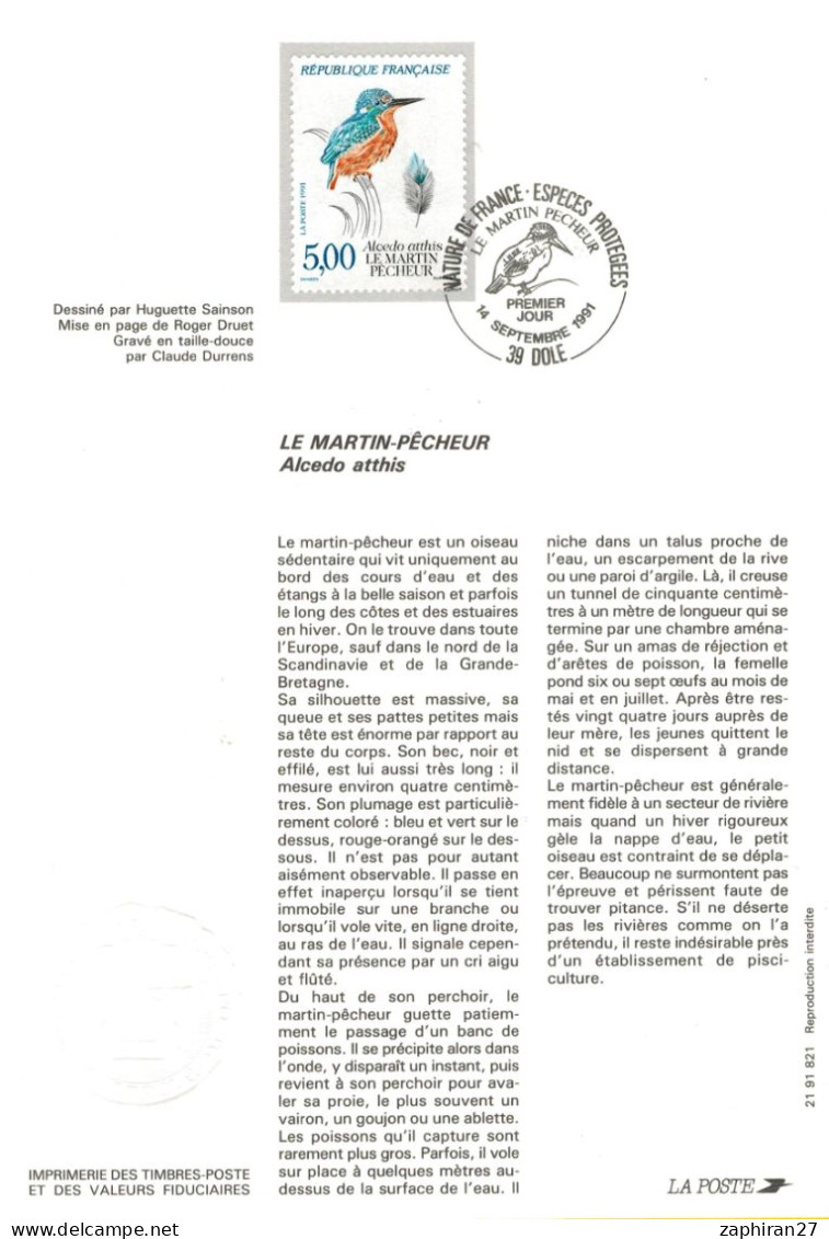 NOTICE PHILATELIQUE MARTIN PECHEUR ALCEDO ATTHIS 14-9-1991 #240# - Oblitérations & Flammes