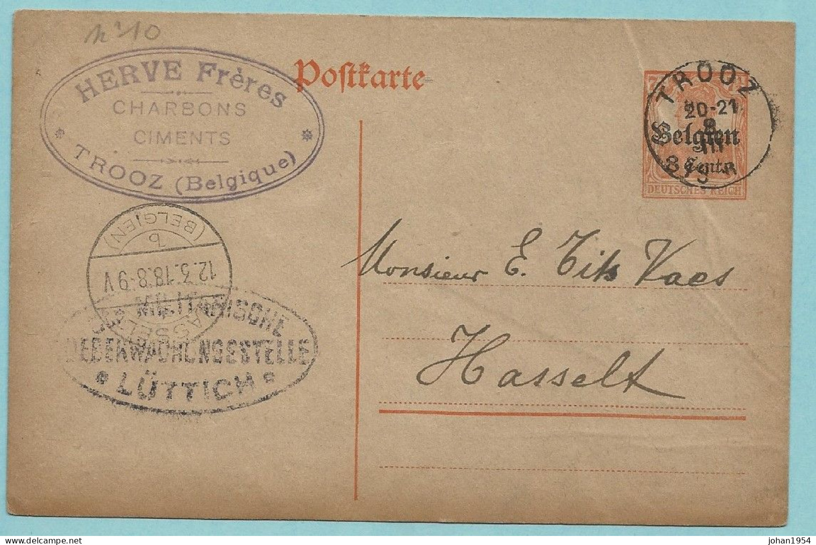 Postkaart 8c, Afst. TROOZ 08/03/1918 Naar HASSELT (BELGIEN) 12/03/1918 + Censuur LUTTICH + Tekst Verso ... VICINAL - Occupazione Tedesca