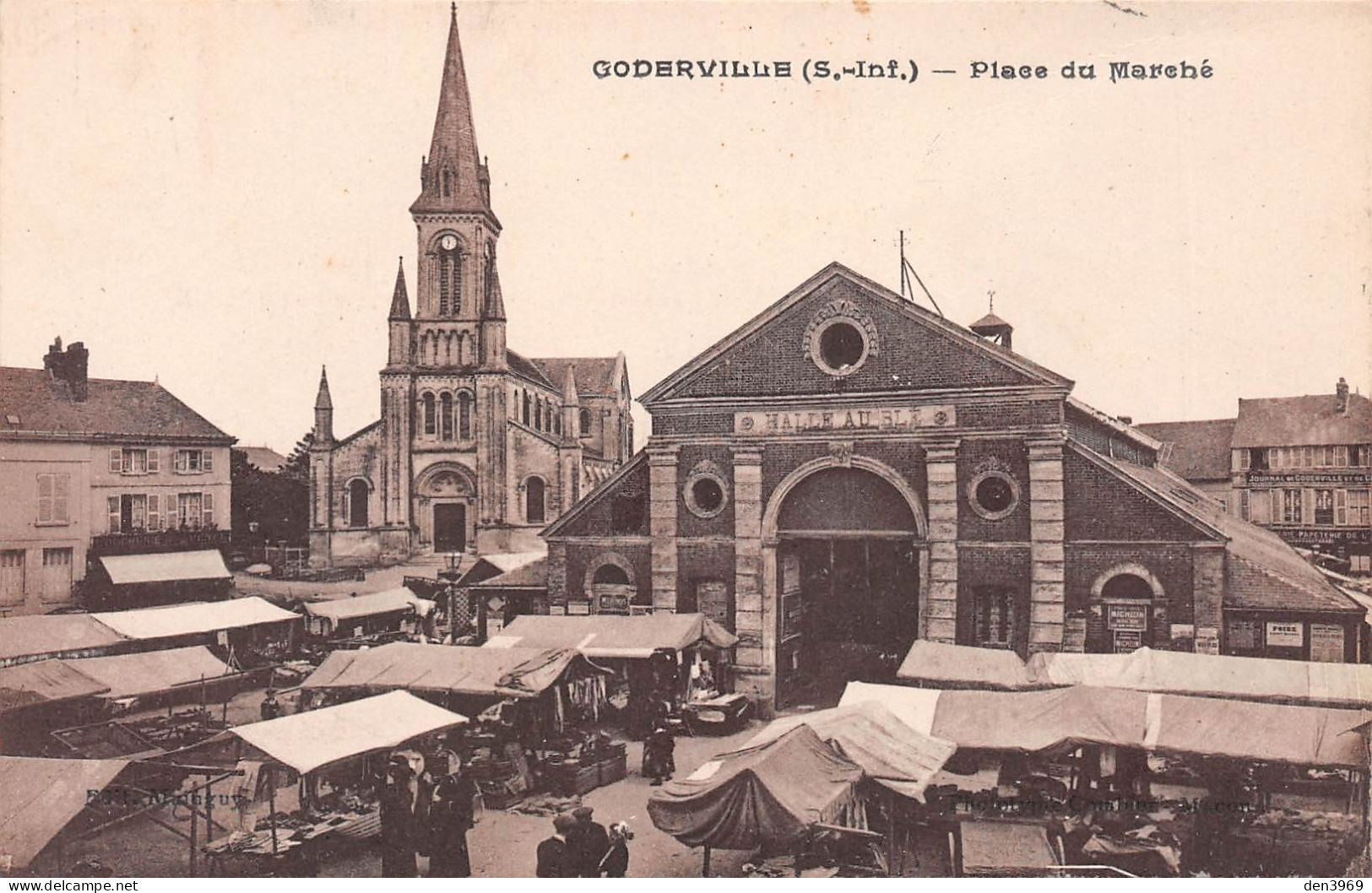 GODERVILLE (Seine-Maritime) - Place Du Marché - Halle Au Blé - Voyagé 1926 (2 Scans) Rouen, 44 Rue Du Champ Des Oiseaux - Goderville