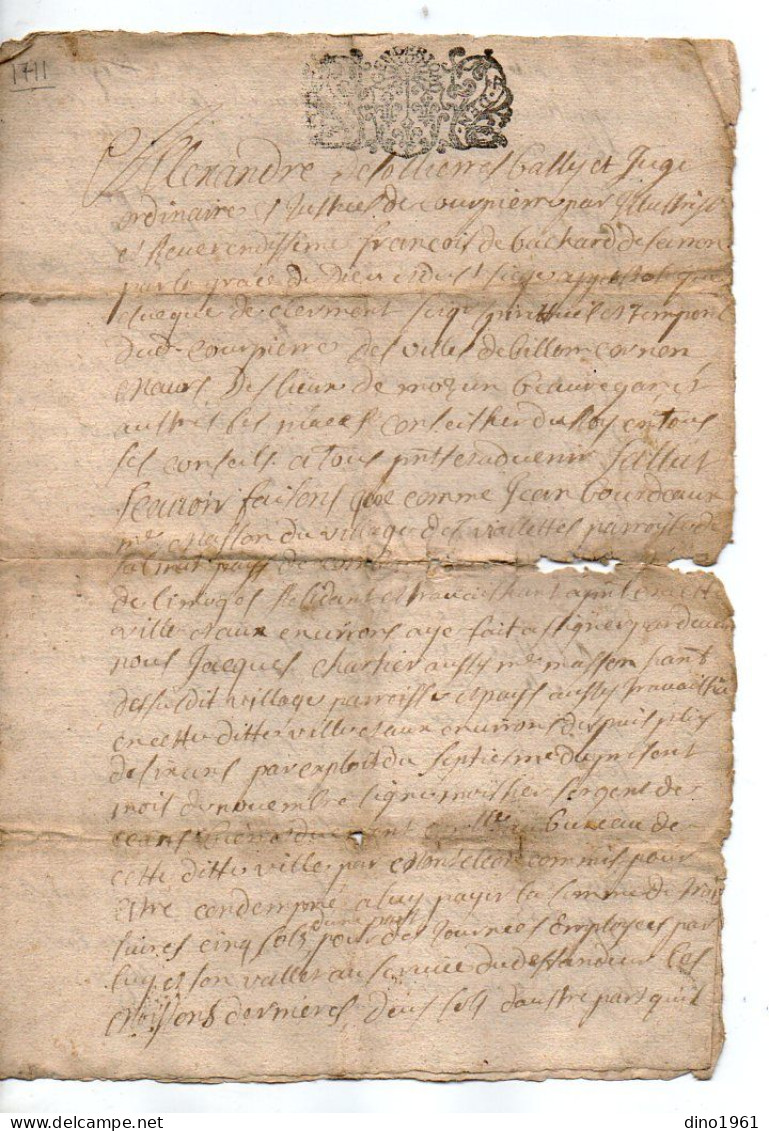 VP22.878 - Cachet De Généralité De RIOM - Acte De 1711 - - Matasellos Generales