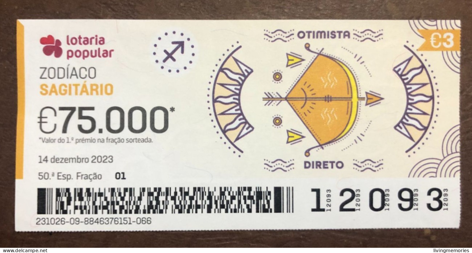 116  G, 1 X Lottery Ticket, Portugal, « Zodíaco, SAGITÁRIO », « ZODIAC, SAGITARIUS »,  2023 - Billetes De Lotería