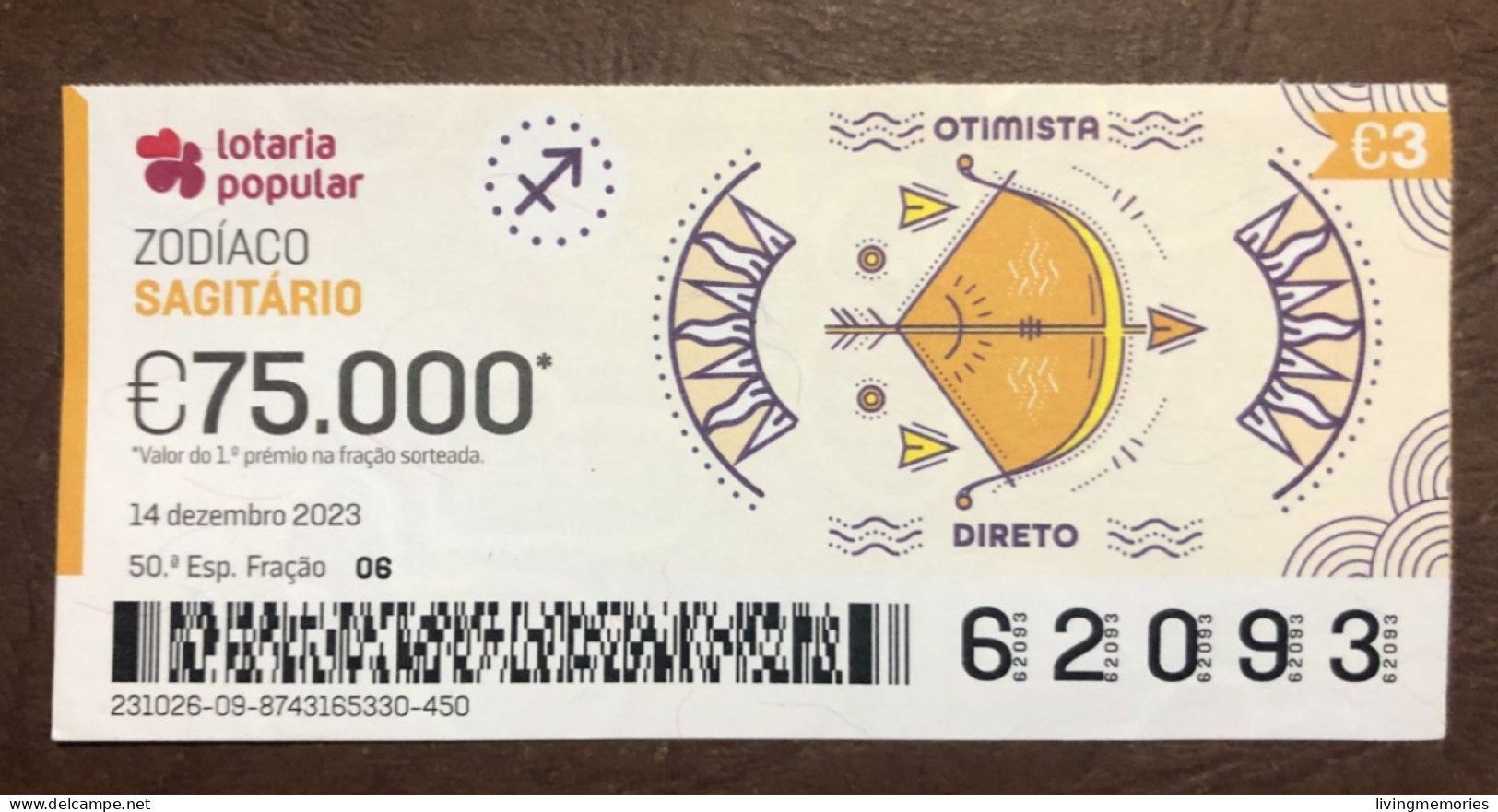 116  G, 1 X Lottery Ticket, Portugal, « Zodíaco, SAGITÁRIO », « ZODIAC, SAGITARIUS »,  2023 - Billetes De Lotería