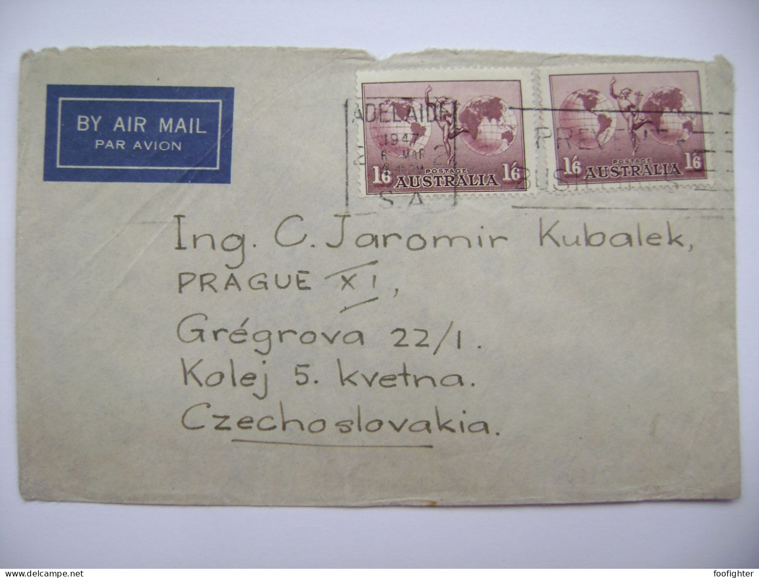 Australia Air Mail Letter Adelaide 1947 Flamme "Prevent Bush Fires", Hermes And Globes  1'6 S - Czechoslovakia - Covers & Documents