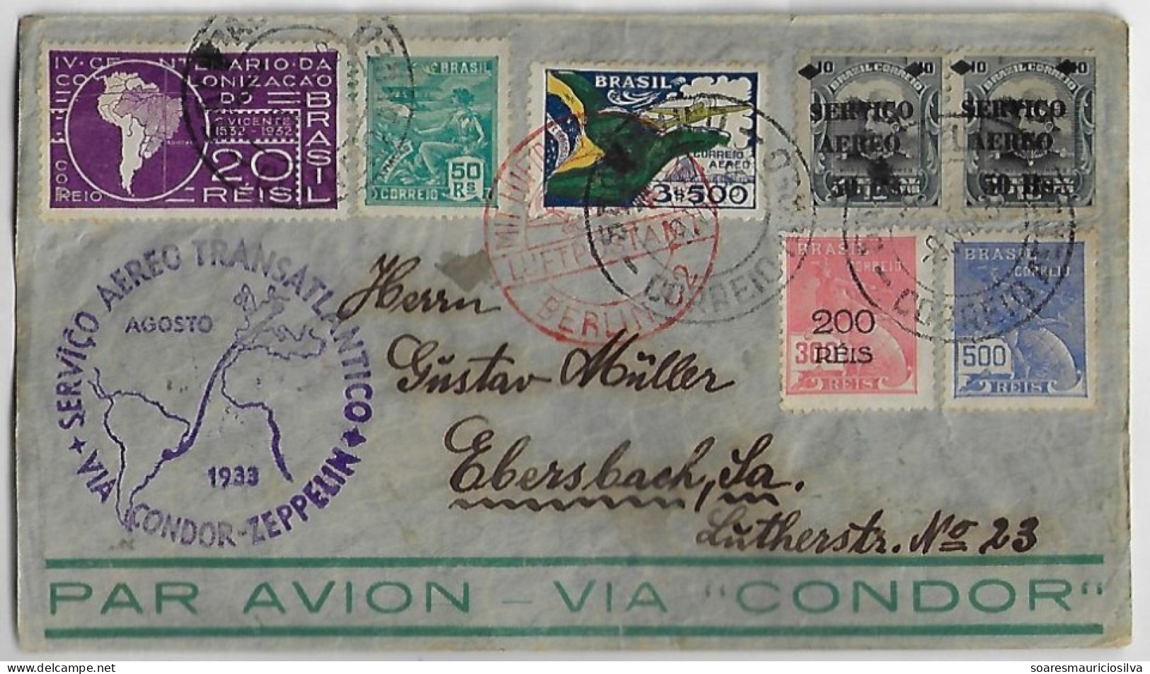 Brazil 1933 Cover São Paulo Friedrichshafen Berlin Ebersbach Germany Cancel Transatlantic Air Service Condor Zeppelin - Poste Aérienne (Compagnies Privées)