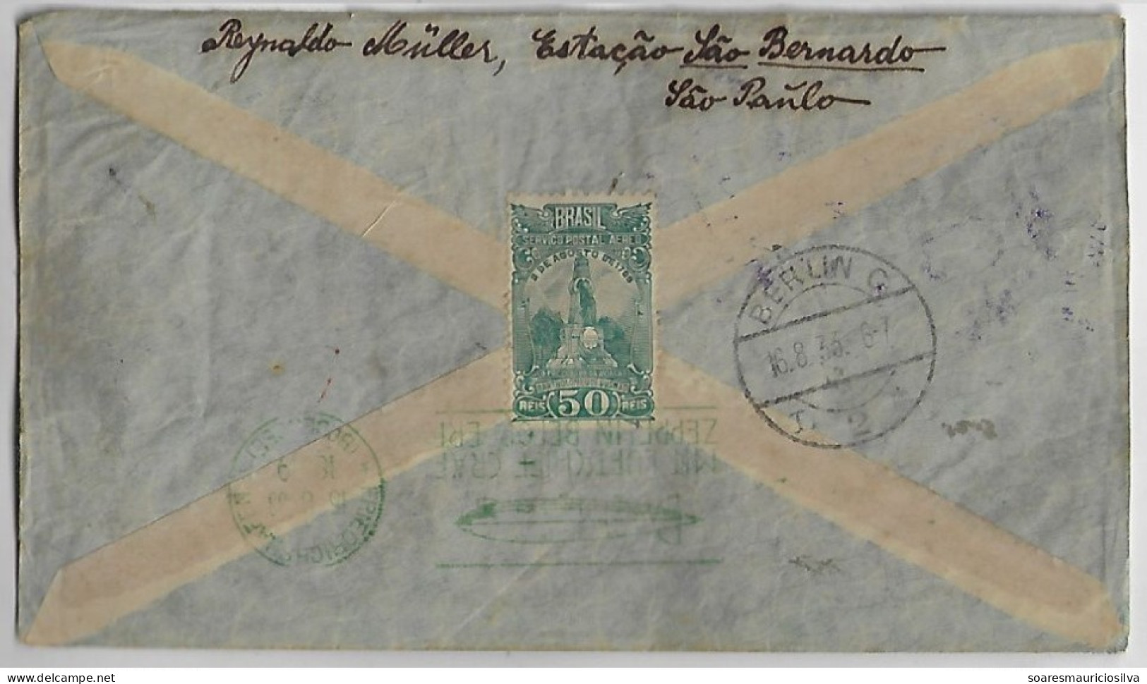 Brazil 1933 Cover São Paulo Friedrichshafen Berlin Ebersbach Germany Cancel Transatlantic Air Service Condor Zeppelin - Aéreo (empresas Privadas)