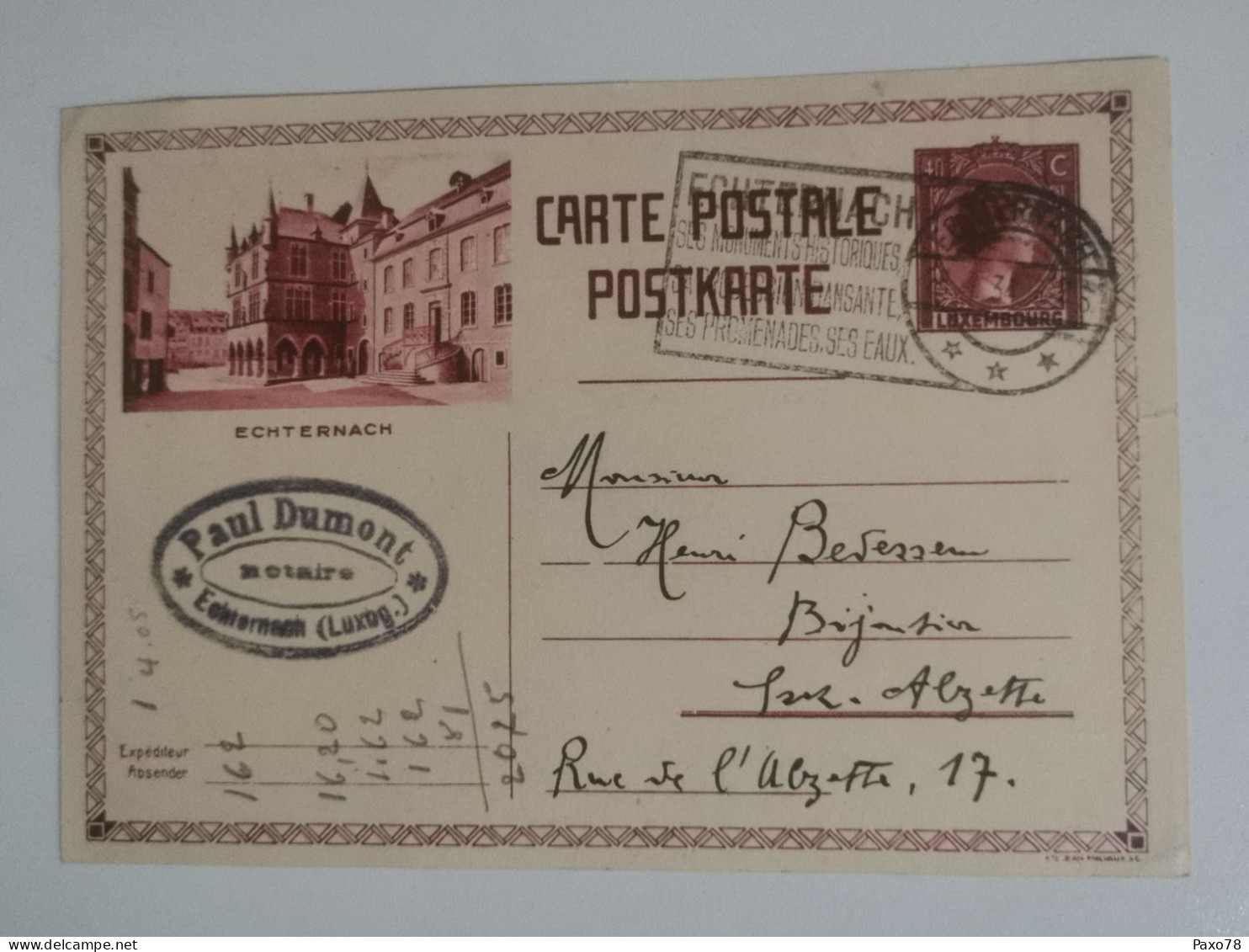 Entier Postaux, Paul Dumont, Echternach 1934 - Enteros Postales