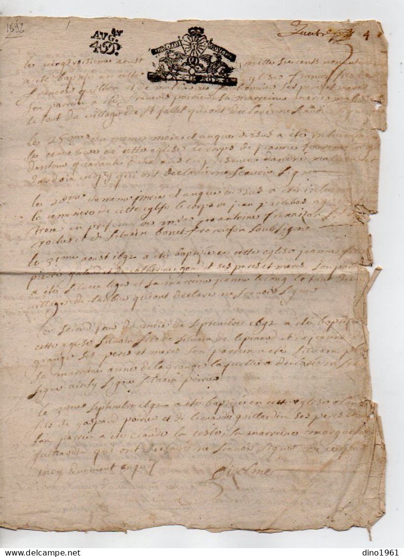 VP22.881 - Cachet De Généralité De MOULINS - Acte De 1692 - - Timbri Generalità