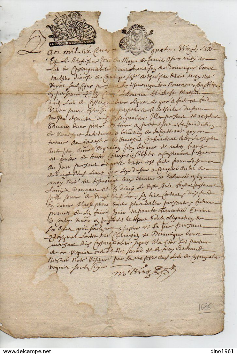 VP22.882 - Cachet De Généralité De TOULOUSE - Acte De 1686 - - Cachets Généralité