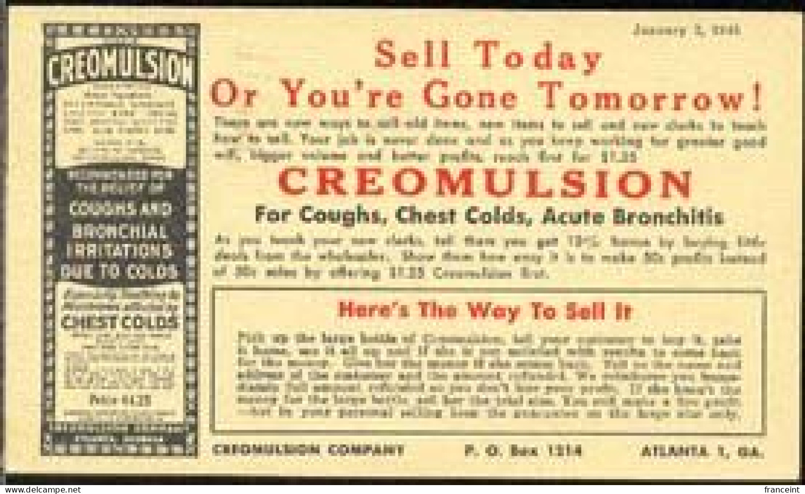 U.S.A.(1945) Creomulsion. Postal Card With Printed Ad For Anti-cough, Chest Cold, Bronchitis Medication Containing Beech - 1941-60