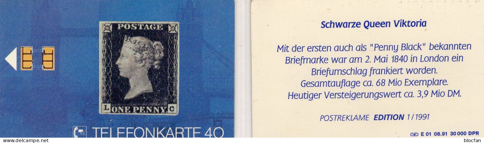 Penny Black 1840 TK E01/1991 30.000 Expl.** 25€ Edition 1 Schwarze Queen Victoria  TC History Stamp On Phonecard Germany - E-Series : Edición Del Correo Alemán
