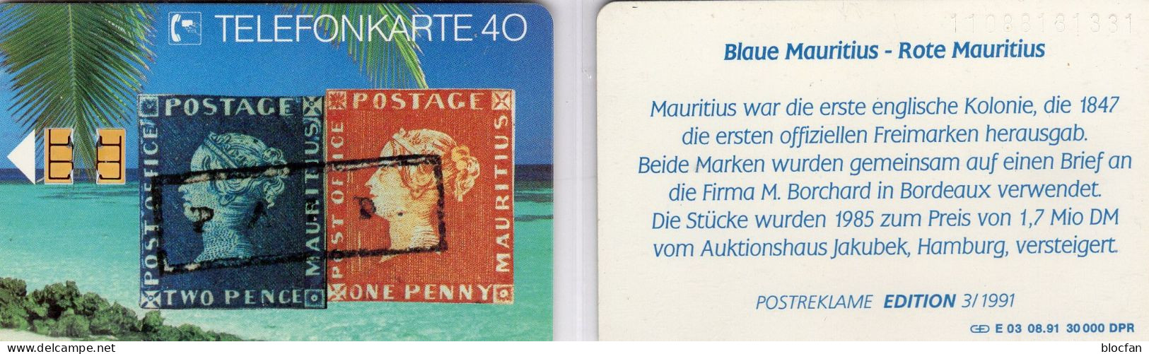 Blaue/rote Mauritius TK E03/1991 30.000Expl. ** 25€ Edition1 Kolonie Der UK/GB TC History Stamps On Phonecard Of Germany - E-Series : Edición Del Correo Alemán