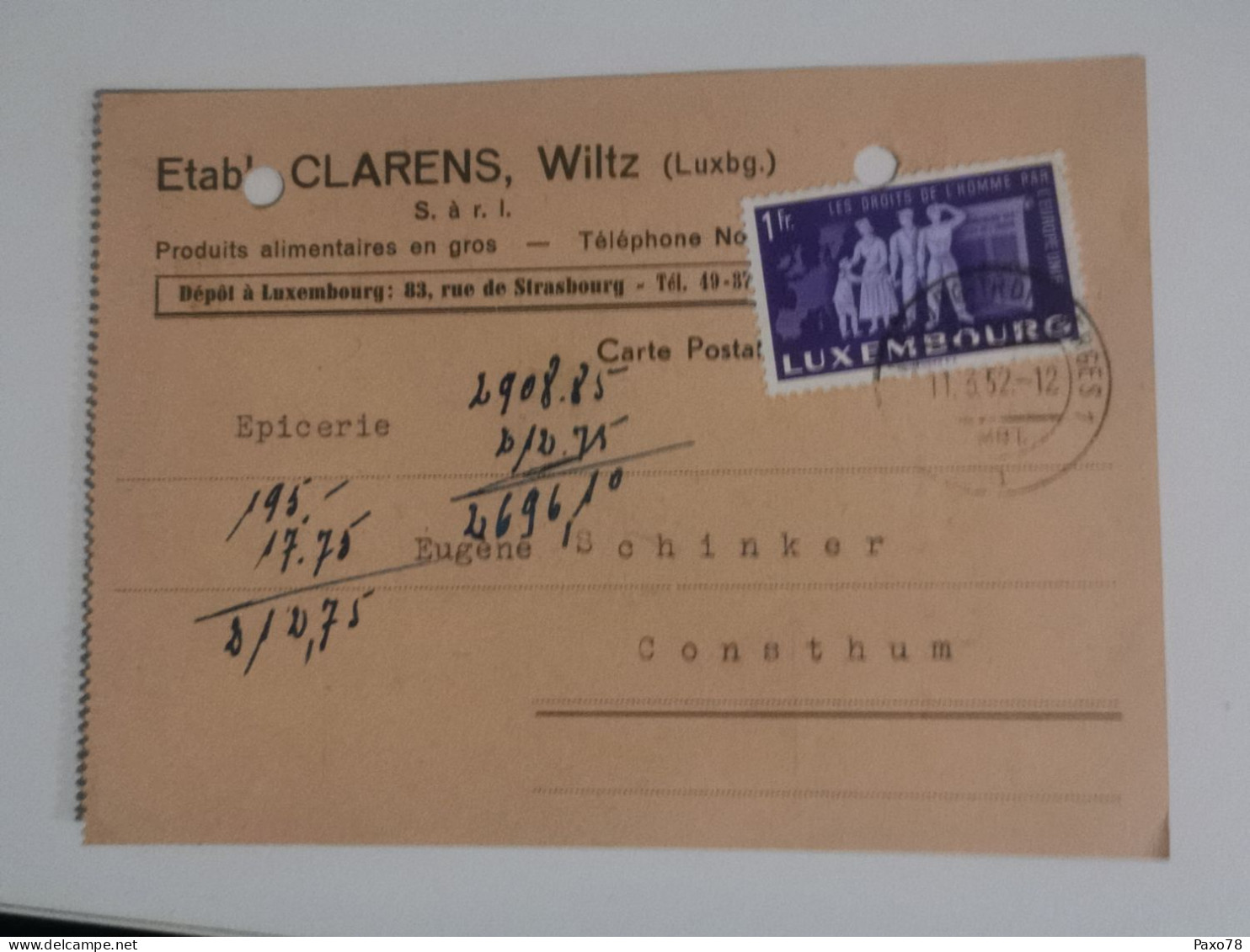 Entier Postaux, Établissements Clarens, Wiltz 1952 - Postwaardestukken
