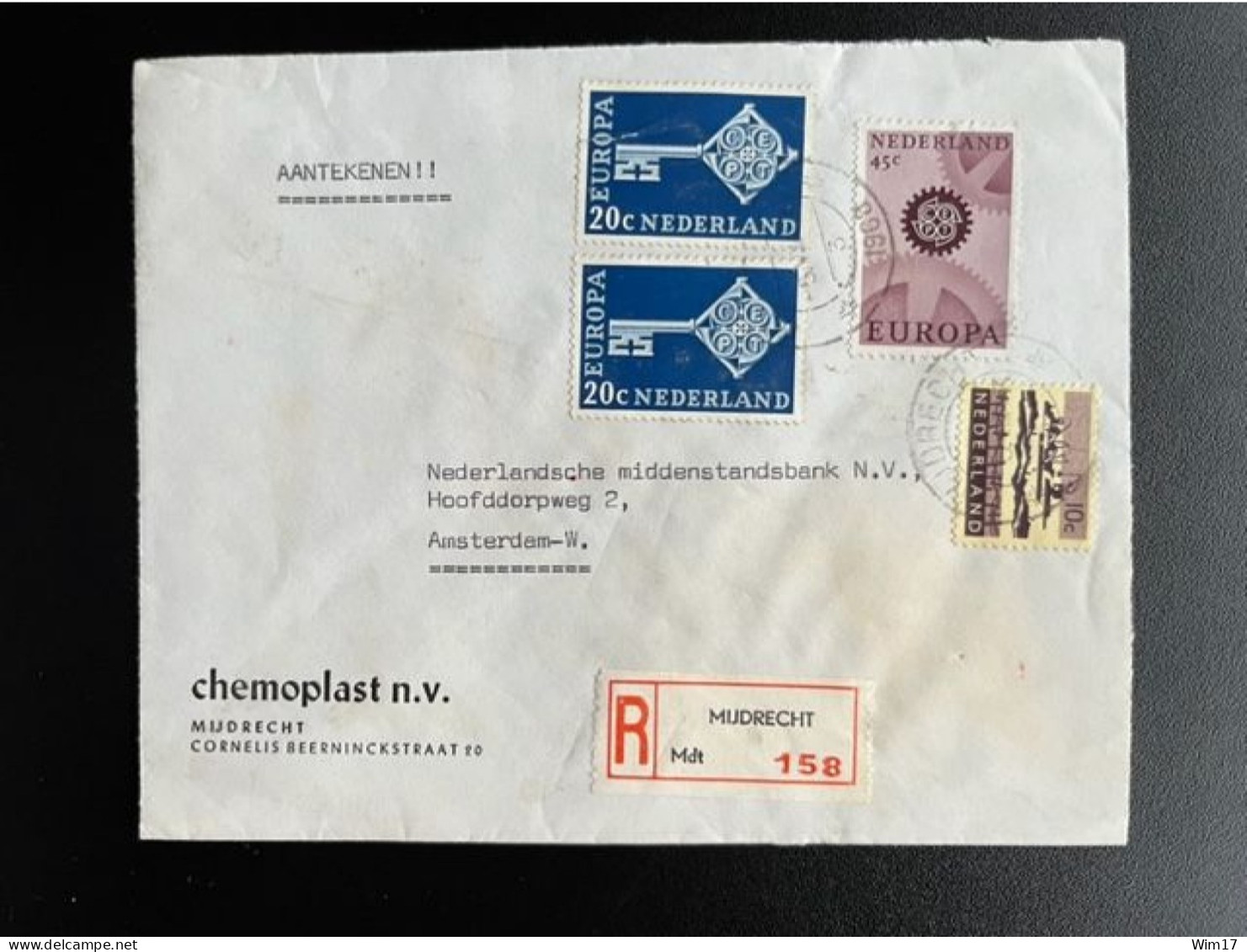 NETHERLANDS 1968 REGISTERED LETTER MIJDRECHT TO AMSTERDAM 05-08-1968 NEDERLAND AANGETEKEND - Cartas & Documentos
