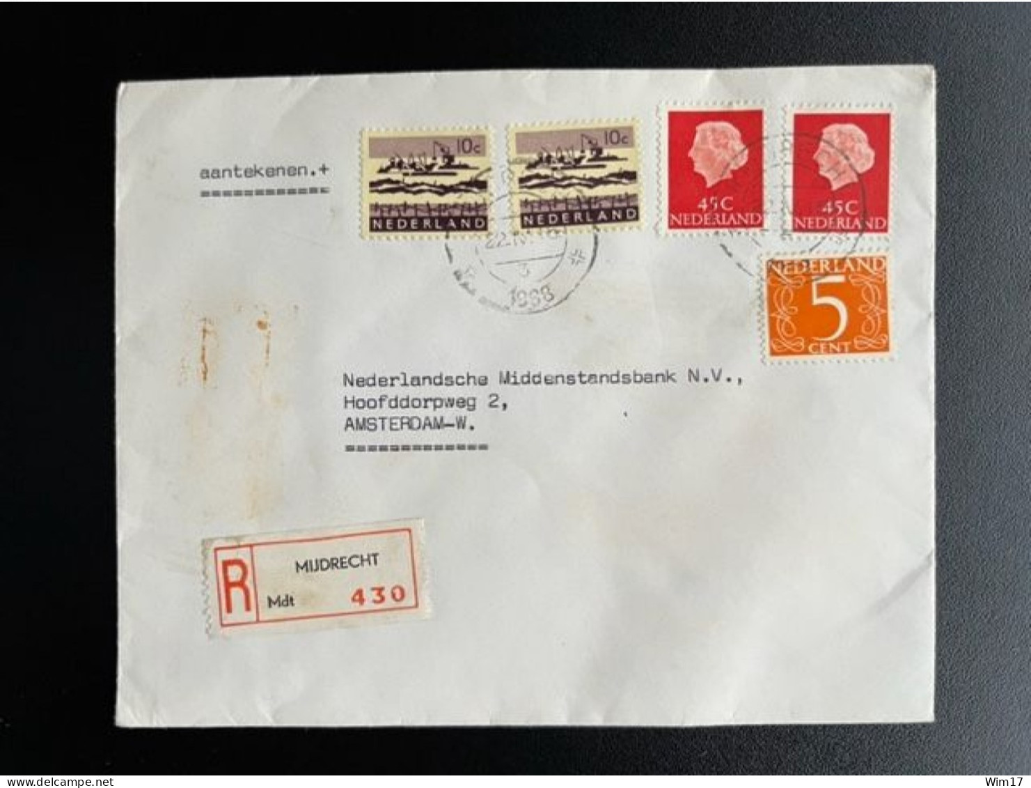 NETHERLANDS 1968 REGISTERED LETTER MIJDRECHT TO AMSTERDAM 22-04-1968 NEDERLAND AANGETEKEND - Covers & Documents