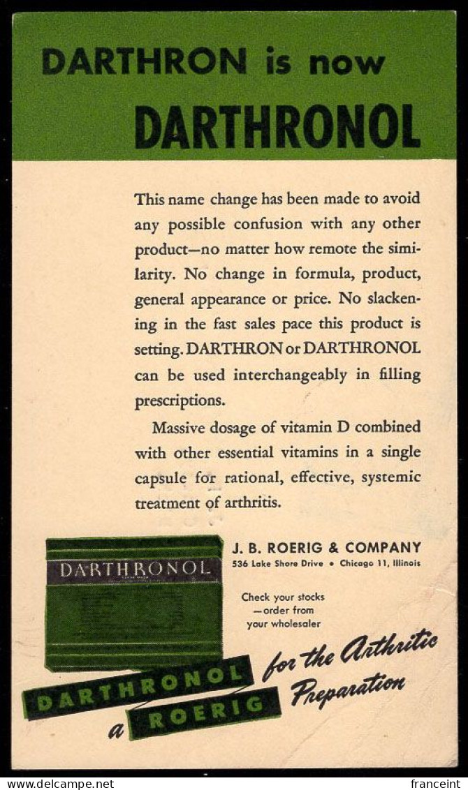 U.S.A.(1945) Darthronol. Postal Card With Advertisement For Arthritis Treatment Containing Massive Doses Of Vitamin D. J - 1941-60