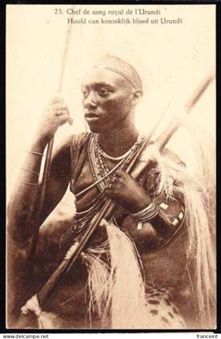 RUANDA URUNDI(1928) Native Warrior. Illustrated Postal Card Of Belgian Congo Overprinted For Use In Ruanda-Urundi. Sepia - Stamped Stationery