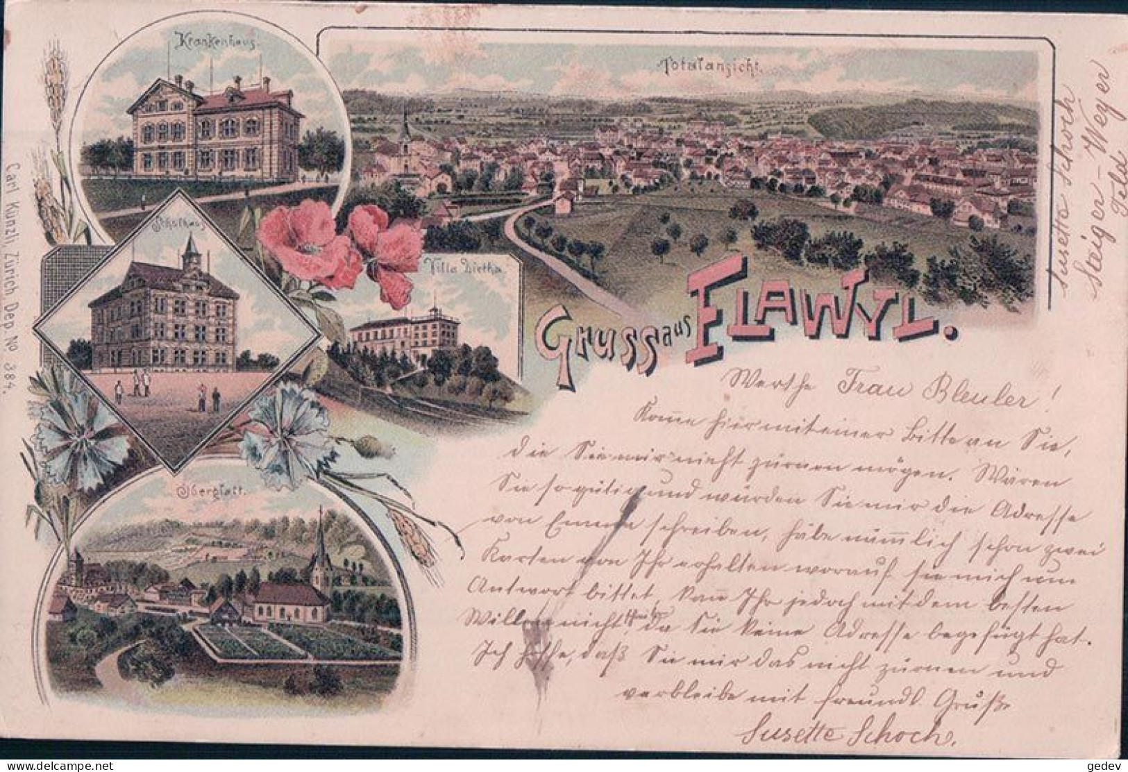 Gruss Aus Flawyl SG, Litho 5 Vues + Fleurs (25.6.1902) - Flawil