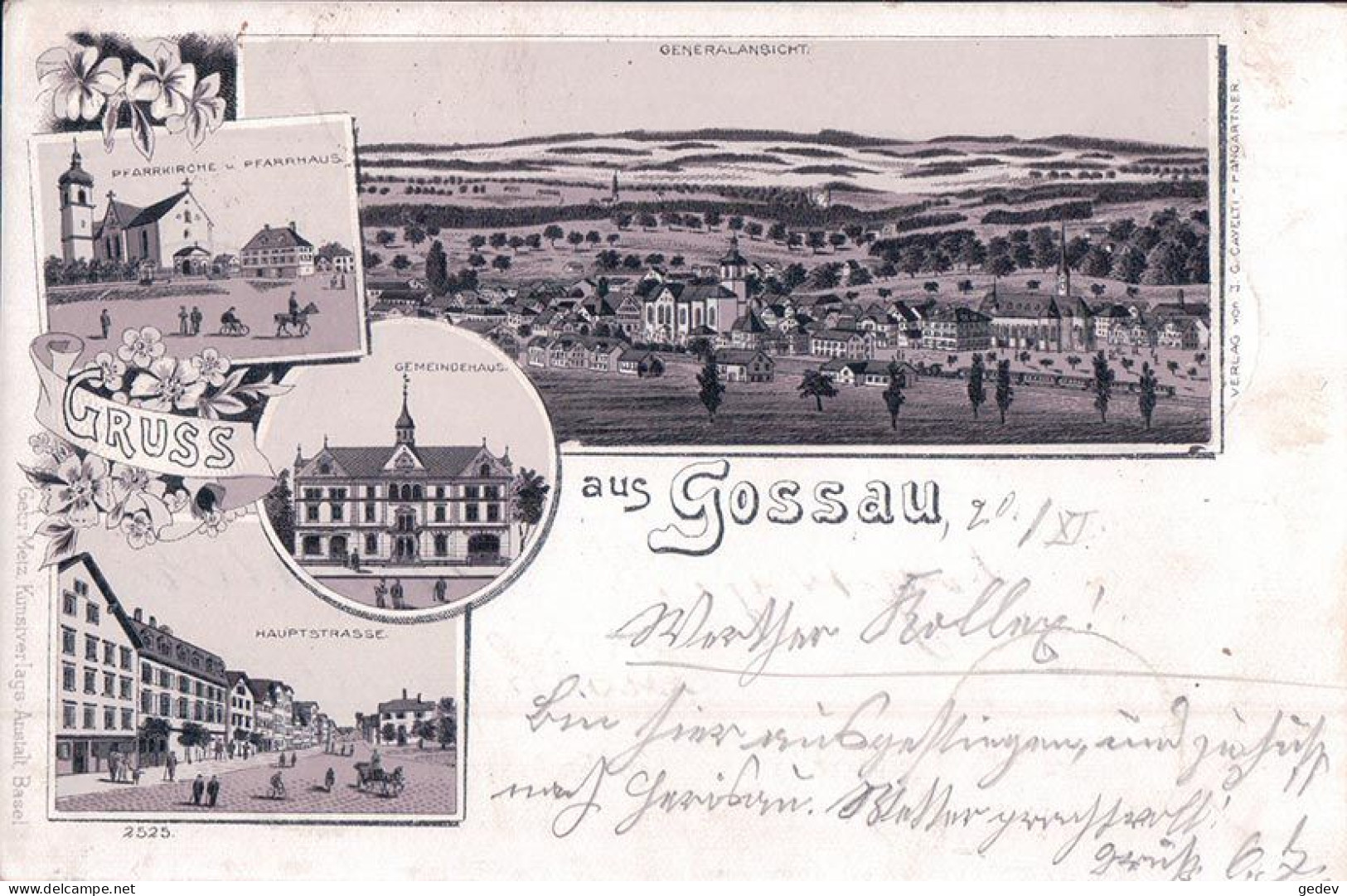 Gruss Aus Gossau SG, Litho Brune 4 Vues + Fleurs (20.11.1898) - Gossau