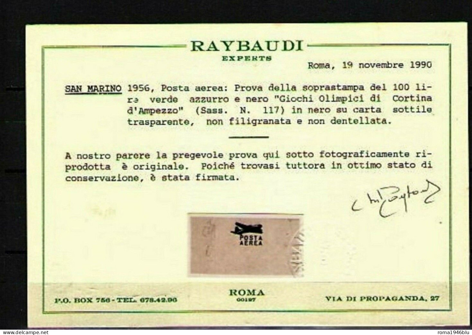 SAN MARINO 1956 P.A. GIOCHI OLIMPIC PREGEVOLE PROVA SOPRASTAMPA C. RAYBAUDI - Posta Aerea
