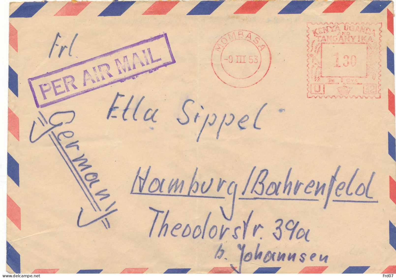 Cover By Air Mail - With Red Meter - Mombasa 9 III 53 To Germany -  - Kenya, Uganda & Tanganyika