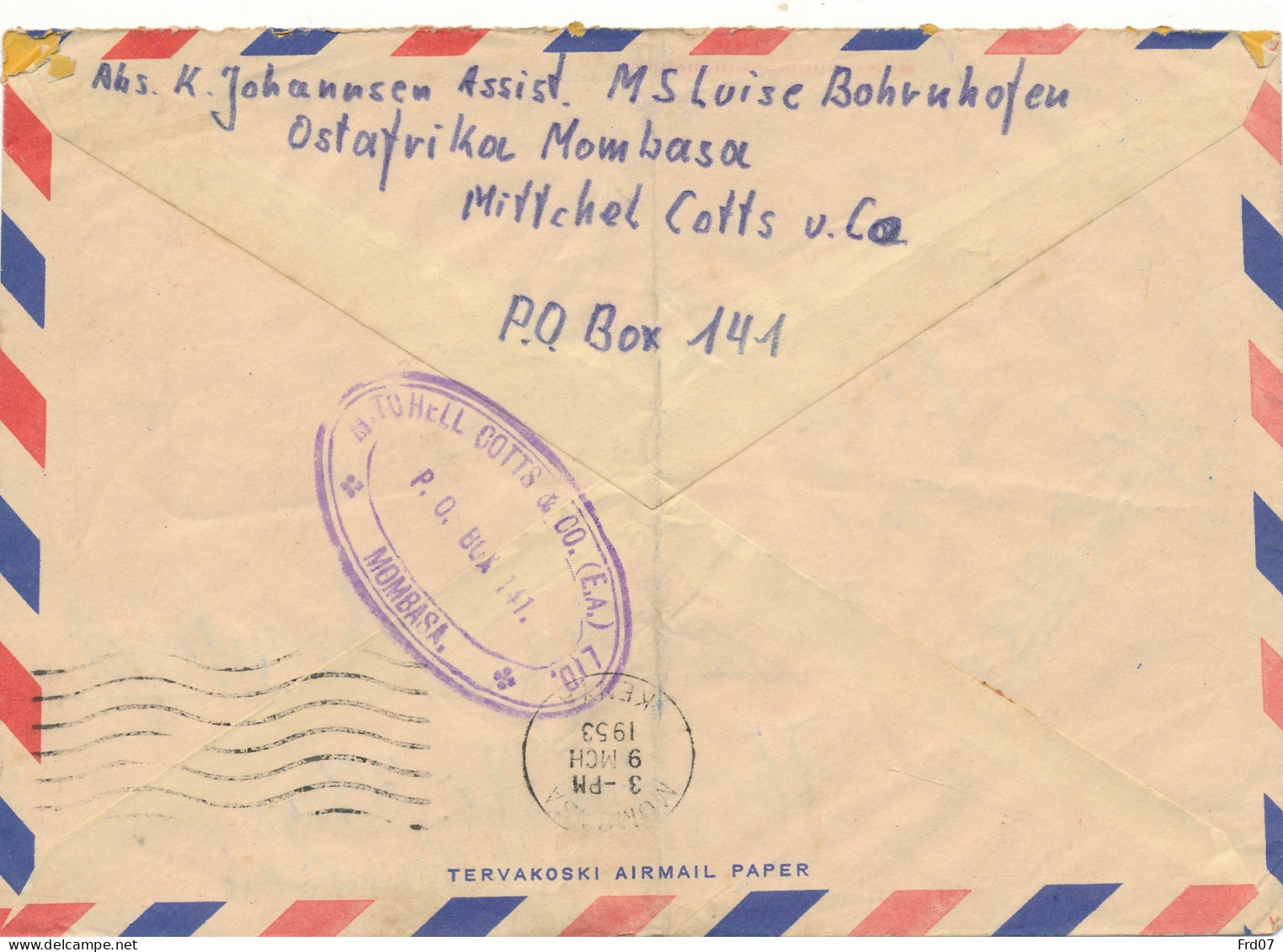 Cover By Air Mail - With Red Meter - Mombasa 9 III 53 To Germany -  - Kenya, Uganda & Tanganyika