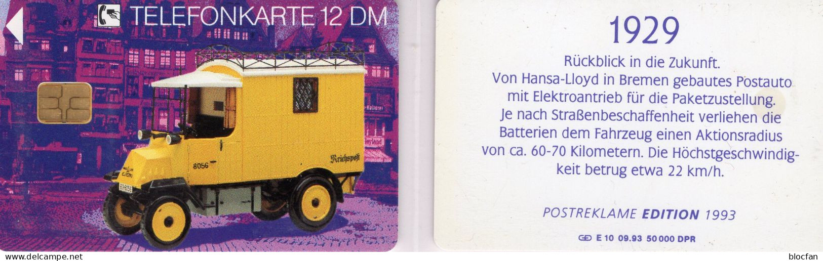 Post-Bus 1929 TK E09/1993 50.000Expl.** 25€ Edition 3 Kraftwagen Mit Elektroantrieb TC History Cars On Phonecard Germany - Cars