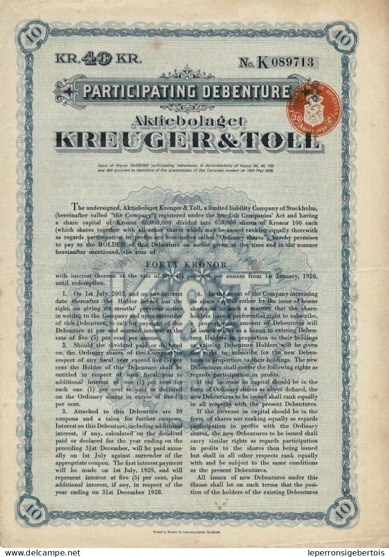 Titre De 1928 -  Aktiebolaget Kreuger & Toll - Titre De 40 - Industrie