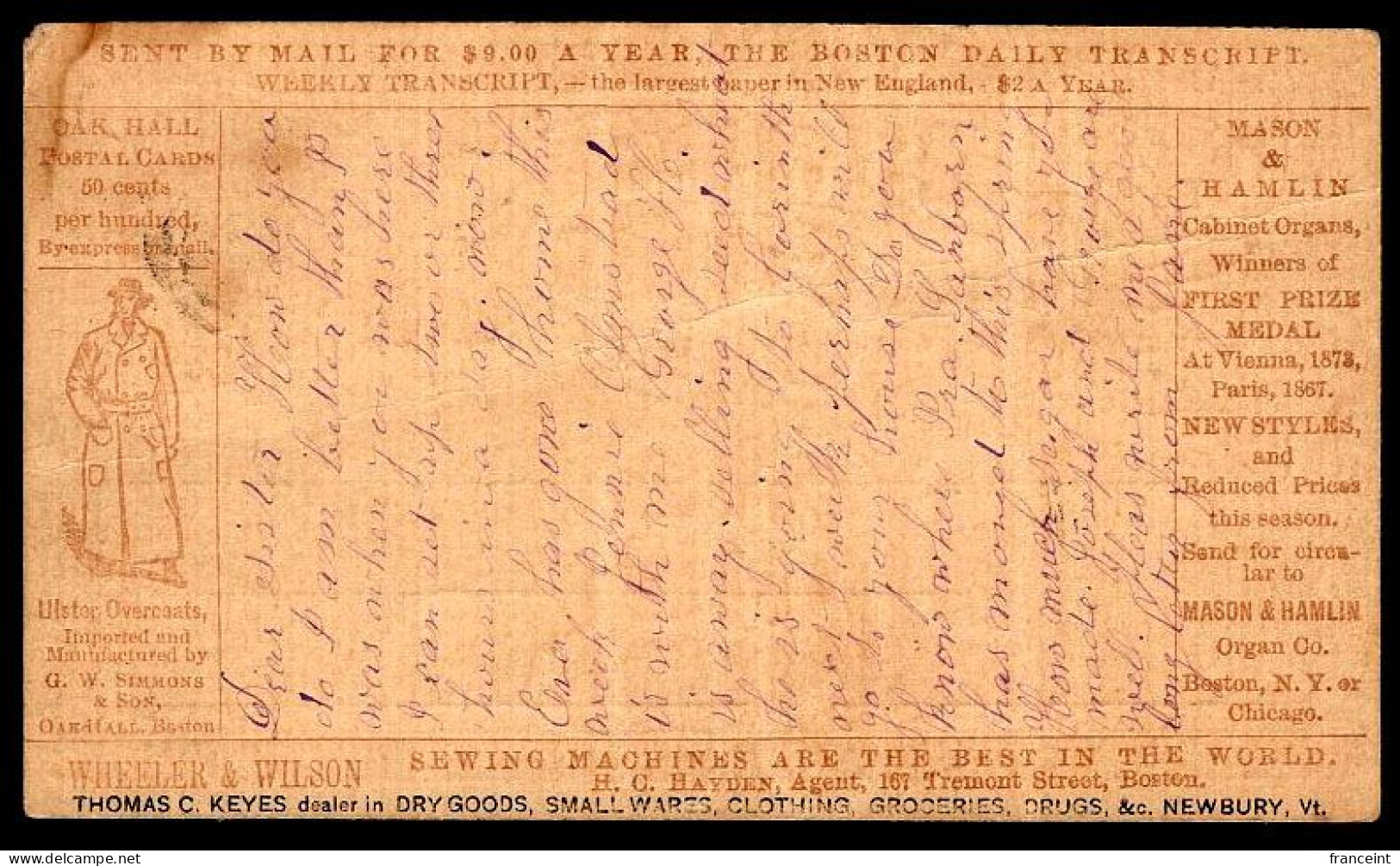 U.S.A.(1874) Ulster Overcoats. Sewing Machines. Mason & Hamlin Cabinet Organs. Boston Daily Transcript (newspaper). One - ...-1900