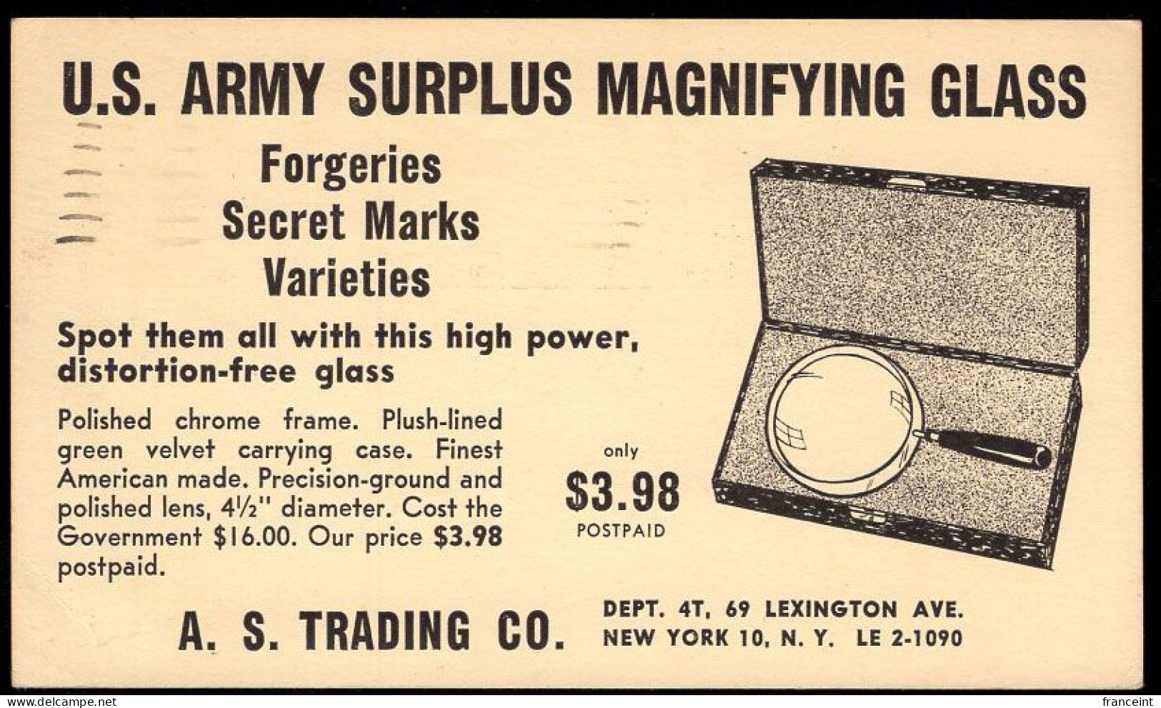 U.S.A.(1957) Magnifying Glass. Two Cent Postal Card With Illustrated Ad For US Army Surplus Magnifying Glass. Detects Fo - 1941-60