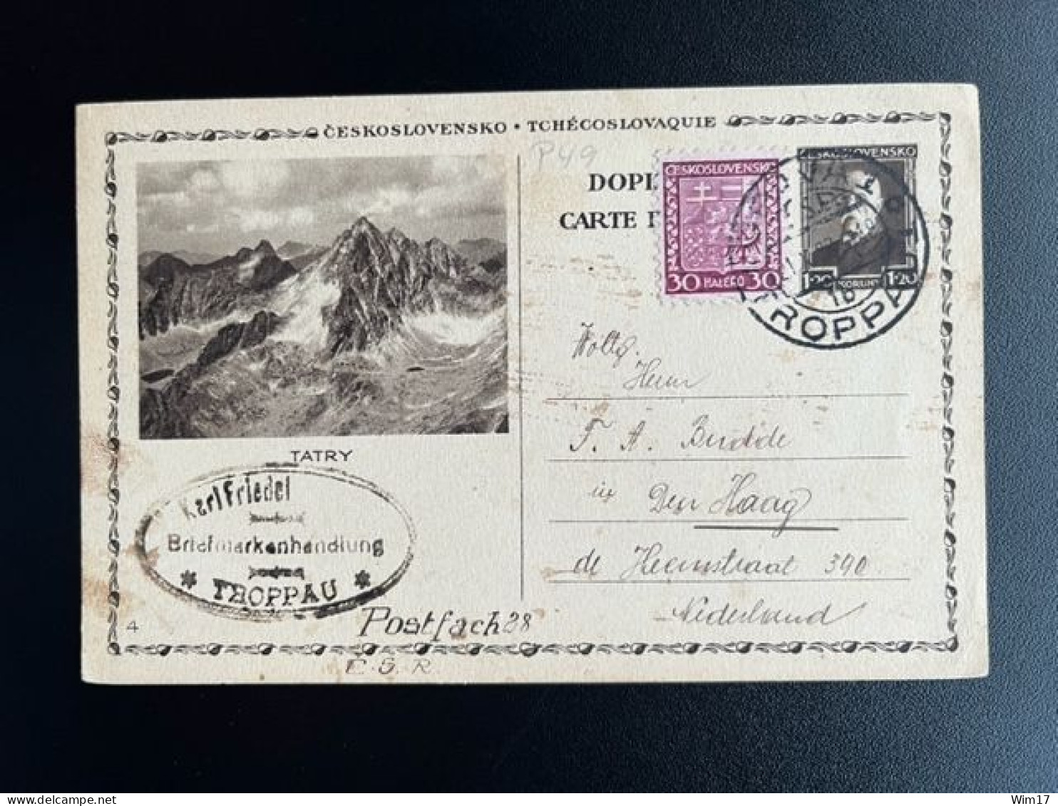 CZECHOSLOVAKIA 1930 POSTCARD OPAVA TROPPAU TO 'S GRAVENHAGE 21-10-1930 TSJECHOSLOWAKIJE CESKOSLOVENSKO - Postcards