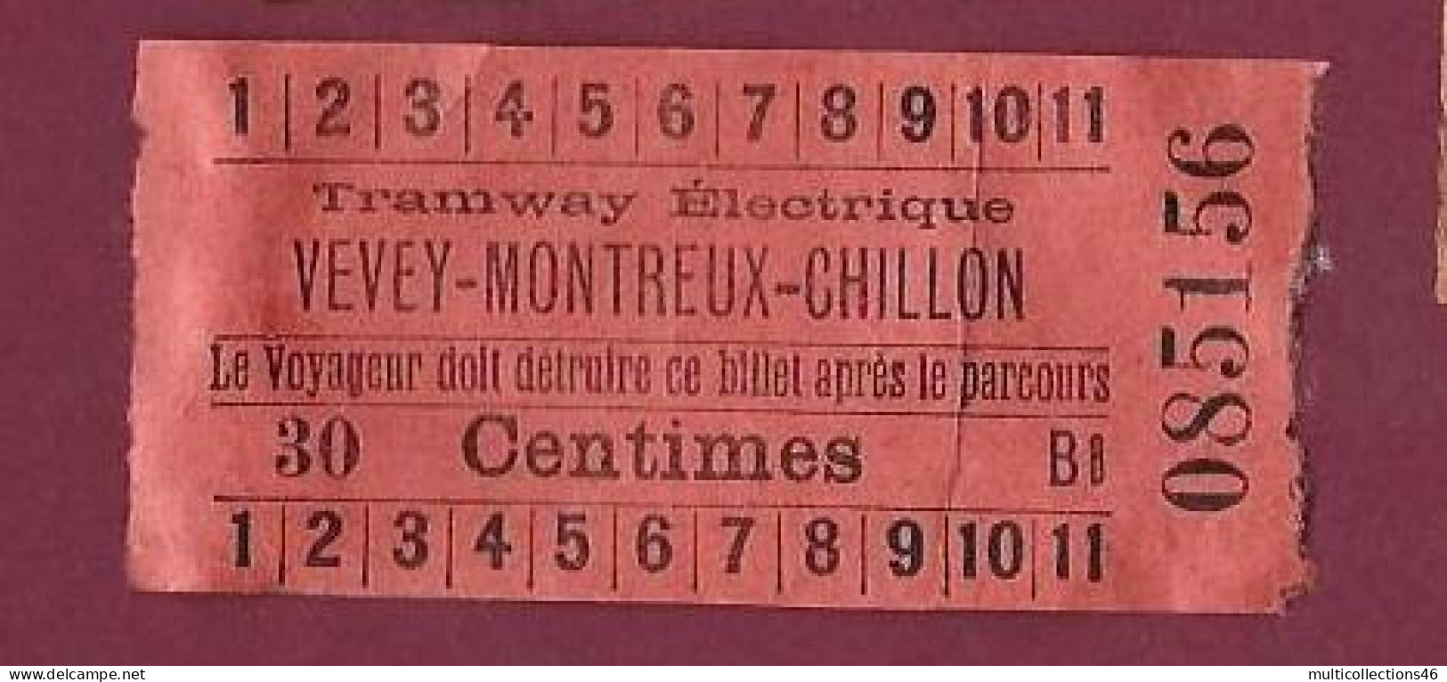 301223 - TICKET CHEMIN DE FER TRAM METRO - SUISSE VEVEY MONTREUX CHILLON 30 Centimes B8 N°085156 - Europa