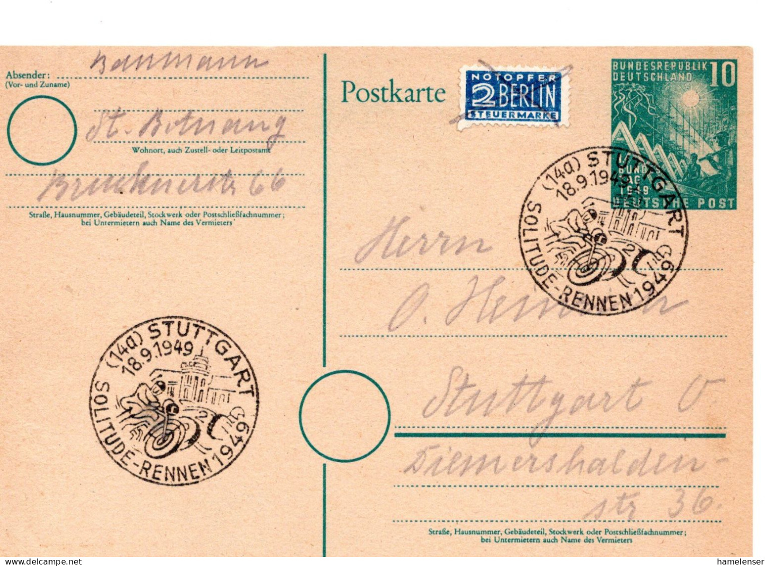 61387 - Bund - 1949 - 10Pfg GASoKte "Bundestag" Als OrtsKte SoStpl STUTTGART - SOLITUDE-RENNEN 1949 - Motorfietsen