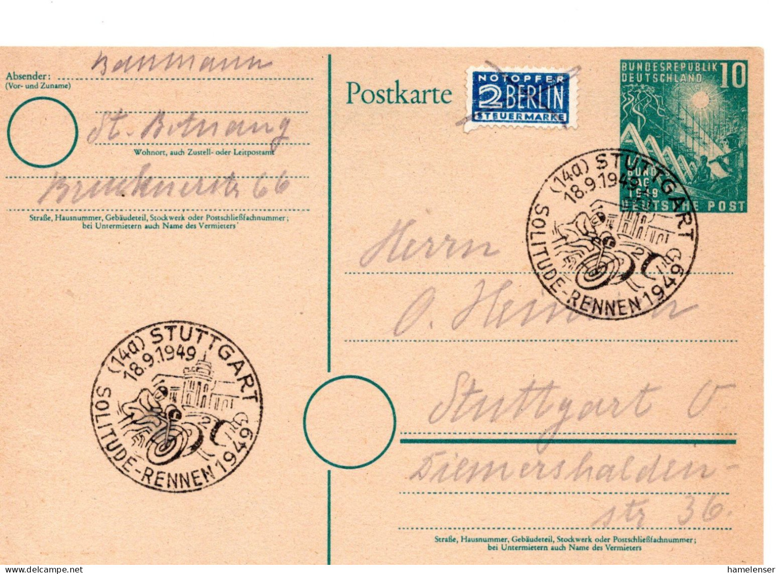 61387 - Bund - 1949 - 10Pfg GASoKte "Bundestag" Als OrtsKte SoStpl STUTTGART - SOLITUDE-RENNEN 1949 - Motos