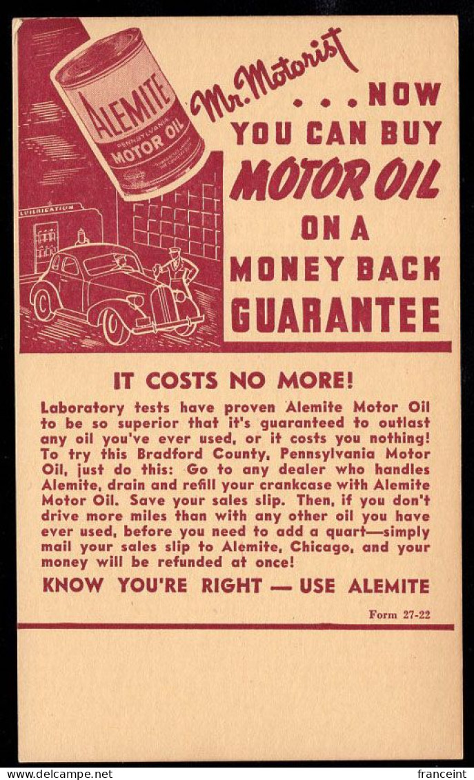 U.S.A.(1940) Can Of Motor Oil. Man Putting Oil* In Automobile.  One Cent Postal Card With Advertising. "Alemite Motor Oi - 1921-40