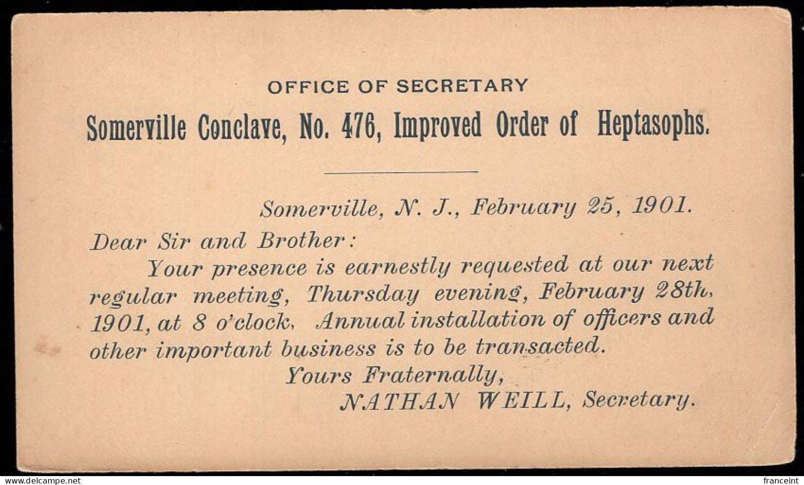 U.S.A.(1901) Heptasophs. Postal Card With Printed Notice On Back Of Meeting Of Somerville Conclave, No. 476, Improved Or - 1901-20