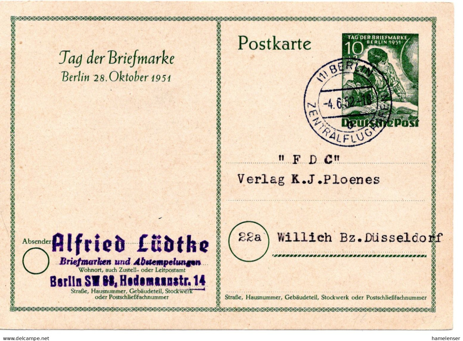 61389 - Berlin - 1952 - 10Pfg "Tag Der Briefmarke '51" GASoKte BERLIN -> Willich - Tag Der Briefmarke