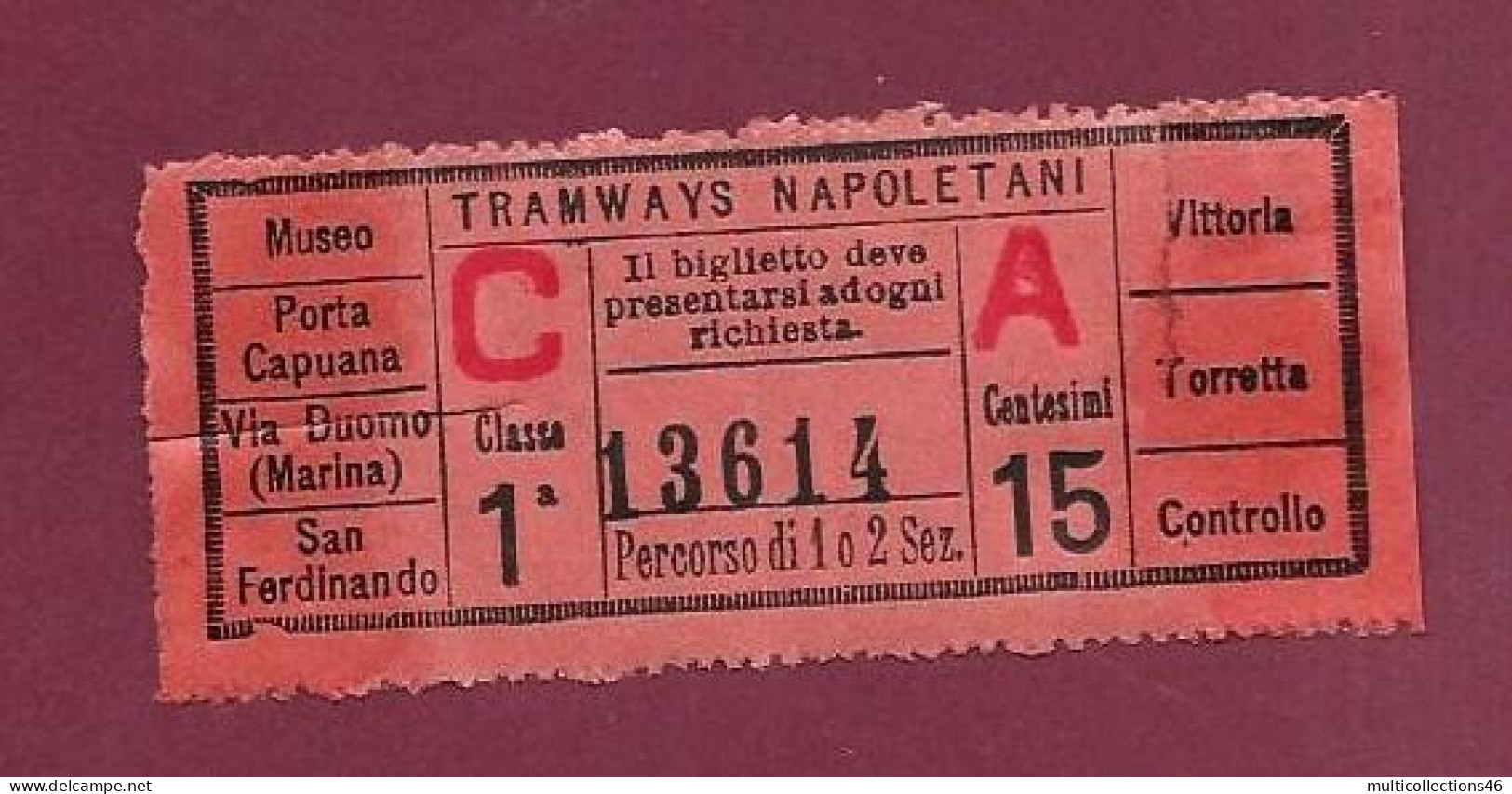 301223A - TICKET CHEMIN DE FER TRAM METRO - ITALIE TRAMWAYS NAPOLETANI Museo San Ferdinando - C A 13614  - Europa