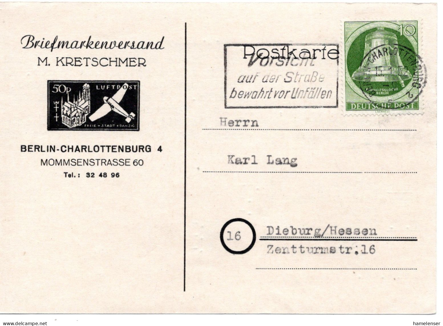 61391 - Berlin - 1952 - 10Pfg Glocke Rechts EF A Kte BERLIN - ... -> Dieburg - Cartas & Documentos