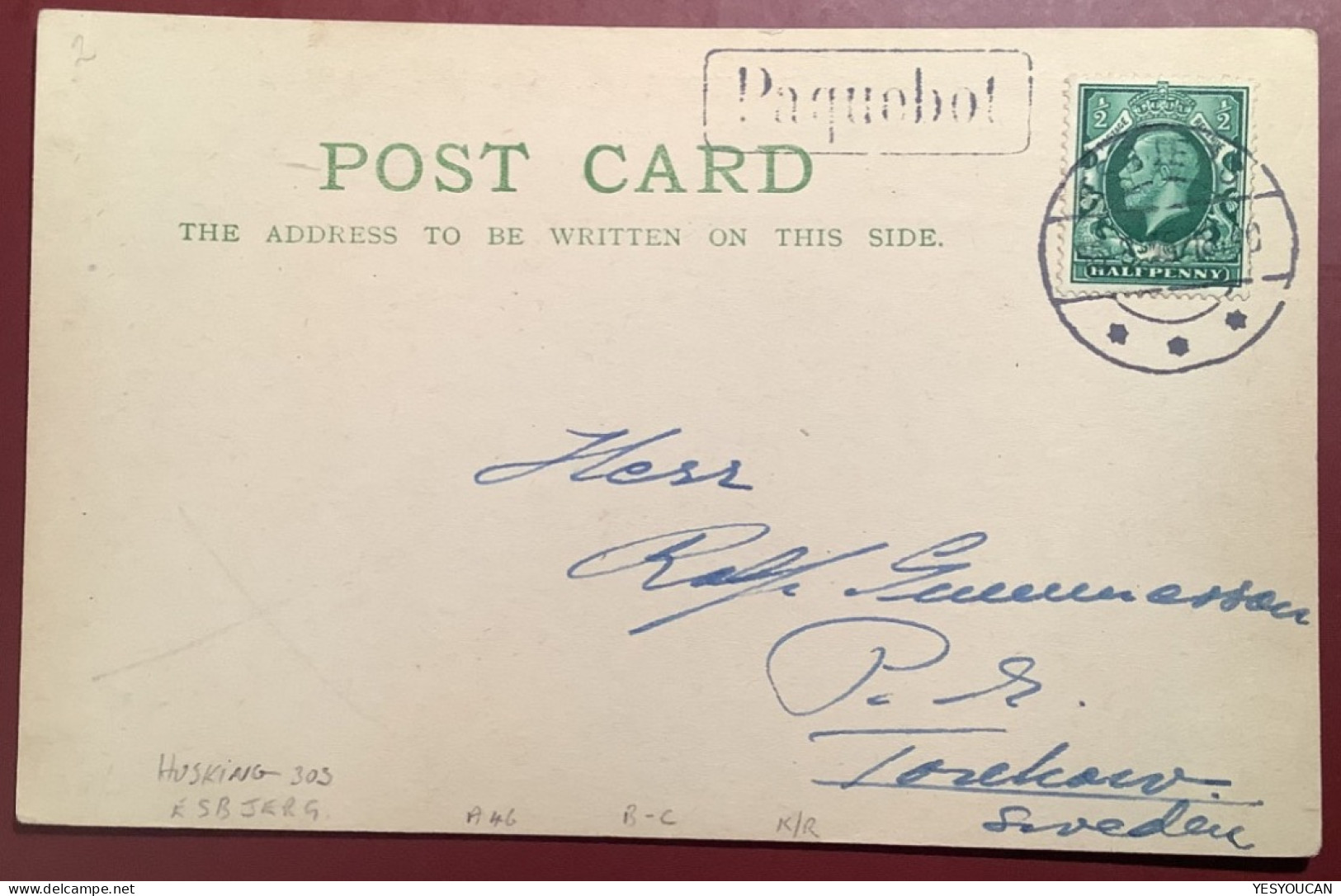 PAQUEBOT + ESBJERS 1935, Rare On GB 1/2d Post Card>Sweden (Denmark Ship Mail Cover - Covers & Documents