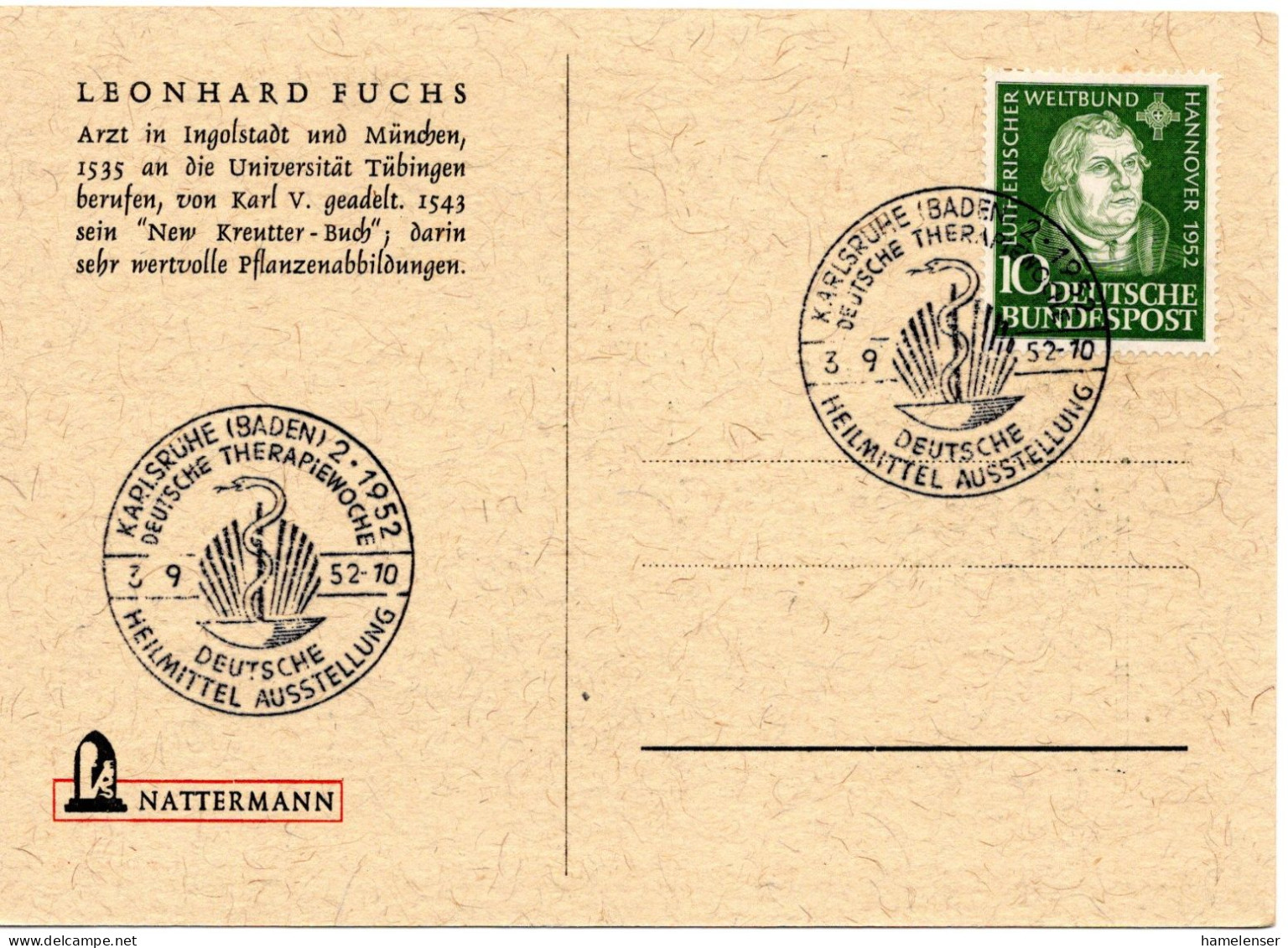 61392 - Bund - 1952 - 10Pfg Luther EF A SoAnsKte SoStpl KARLSRUHE - DEUTSCHE THERAPIEWOCHE - Geneeskunde