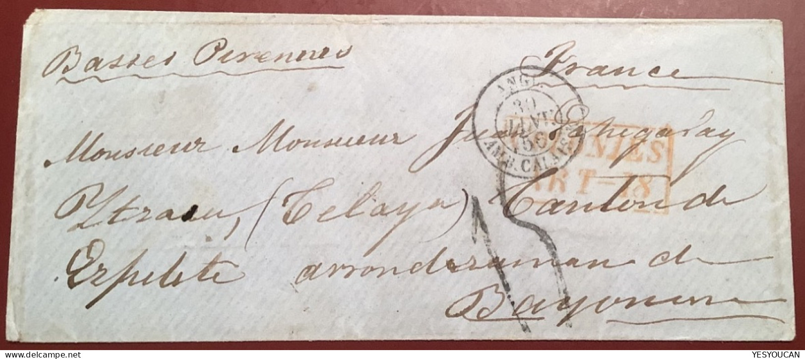 „HAVANA 1856“ British P.O Scarce With COLONIES/ART-18 Hs Cover>Bayonne (Cuba Spain GB Used Abroad Lettre Stampless - Vorphilatelie